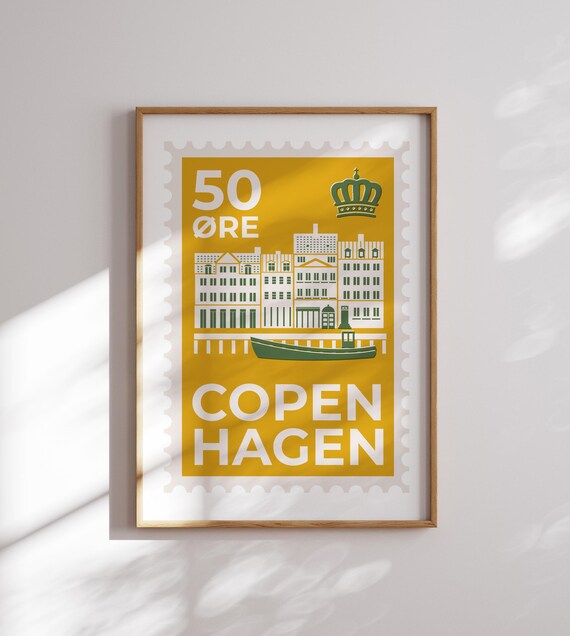 Copenhagen City Skyline Travel Poster, Mid-Century