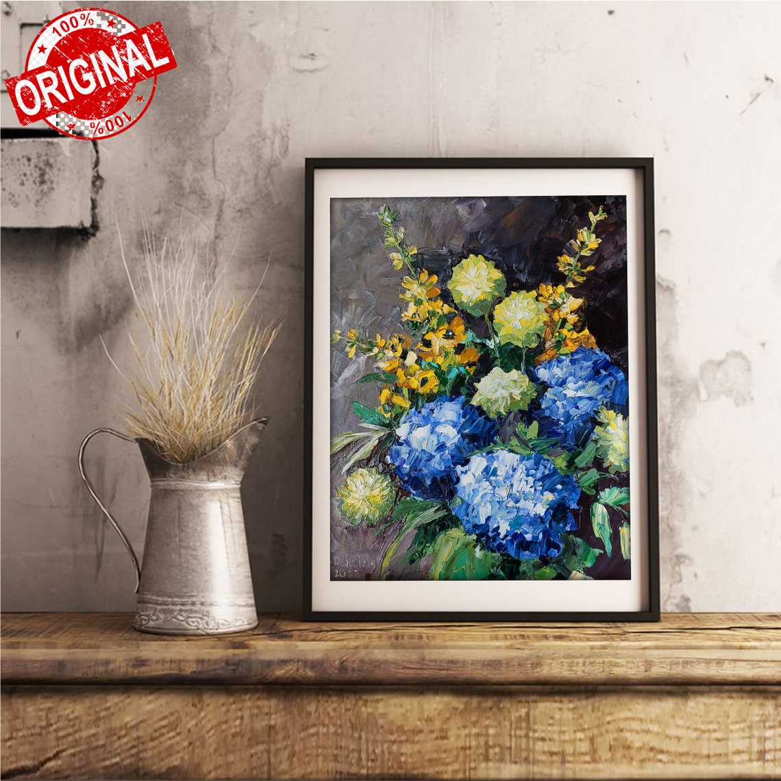 Blue Hydrangeas Impasto Oil Painting Bouquet Floral Art Poster - Image 4