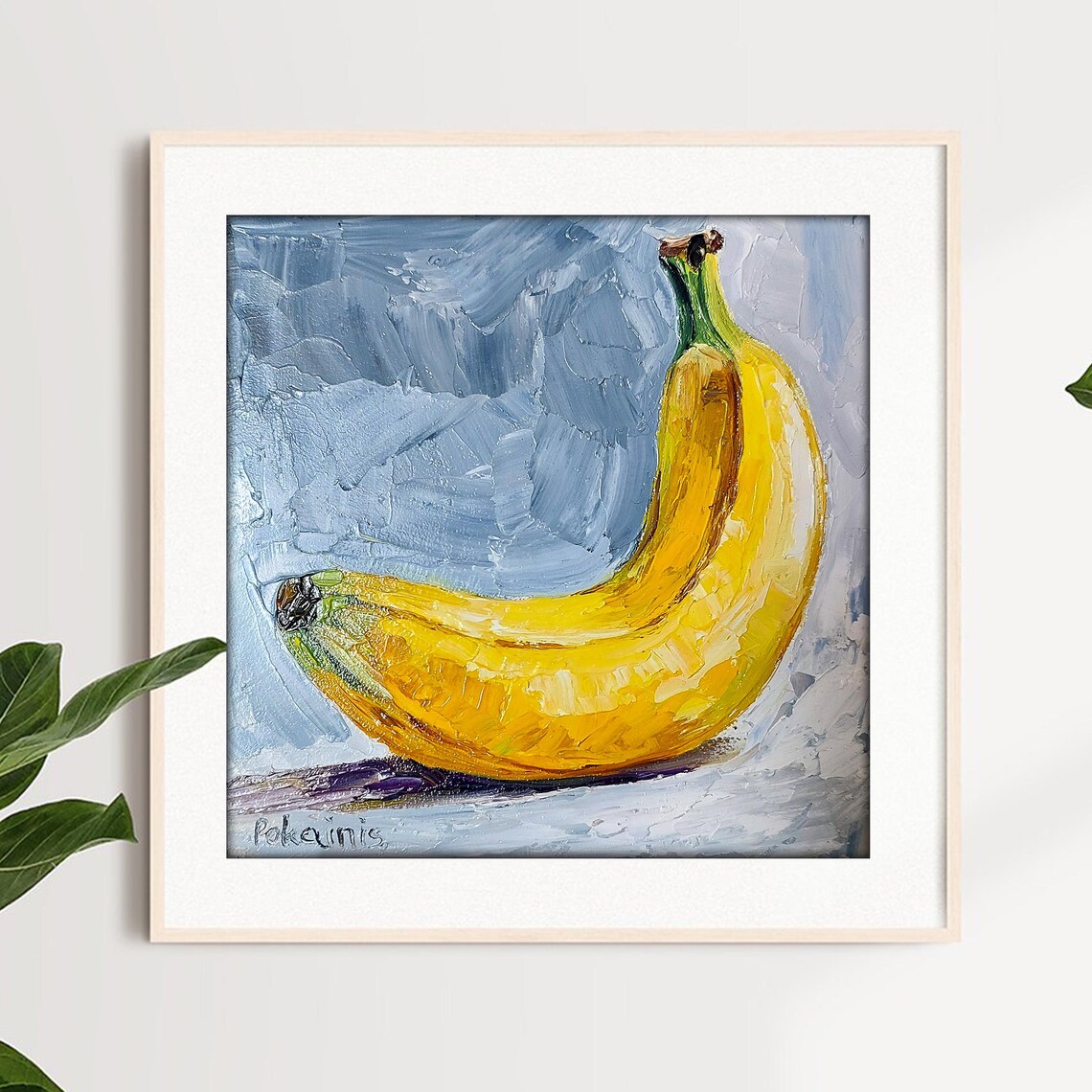 Single Banana Impasto Oil Still Life on Grey Background Poster - Image 2
