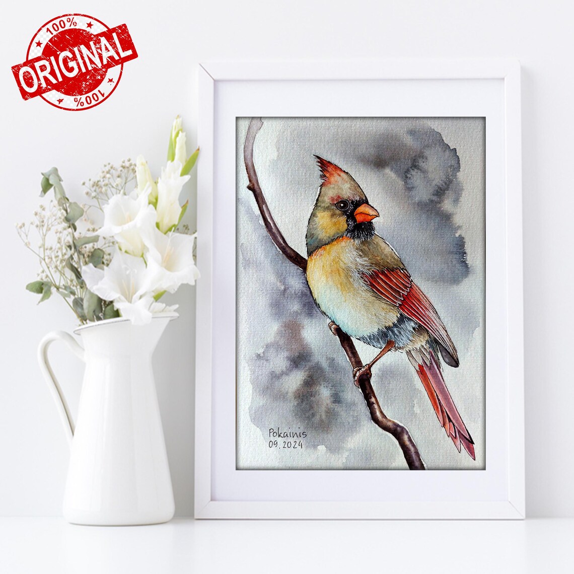 Female Northern Cardinal Perched on Branch Watercolor Poster - Image 2