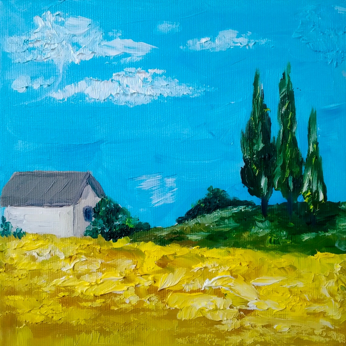Sunlit Wheat Field White Cottage Tall Cypresses Impasto Poster