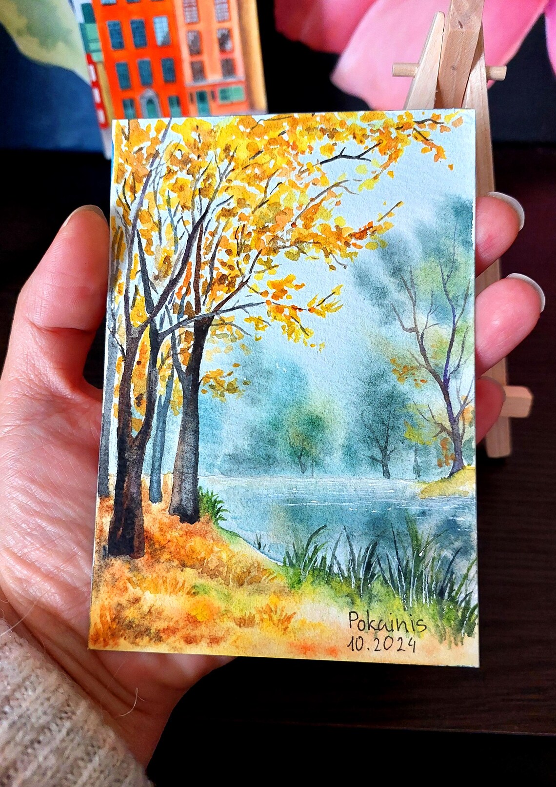 Golden Autumn Forest Lake Watercolor Landscape Scenic Art Poster