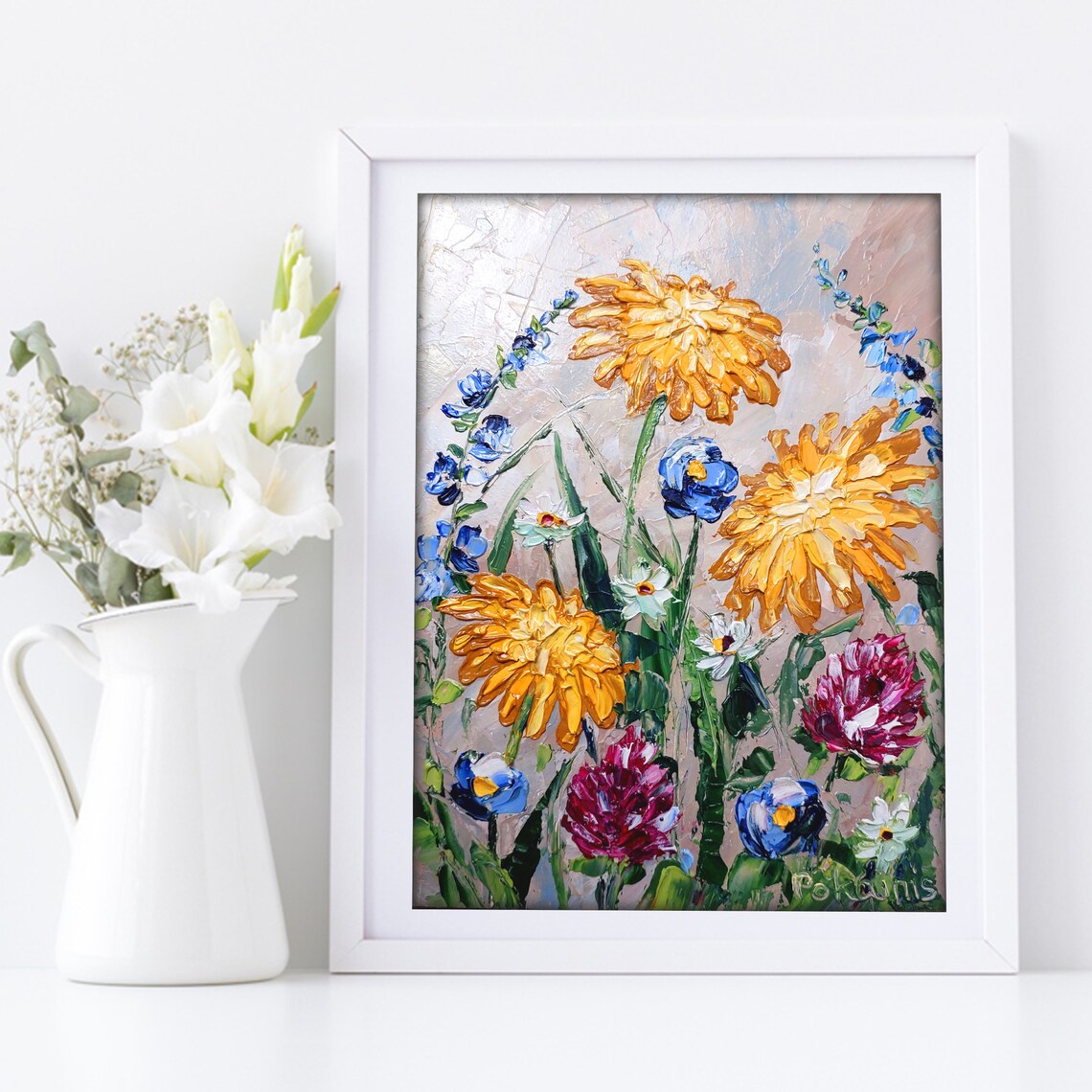 Wildflower Meadow Impasto Oil Painting Poster Orange Blue Blooms - Image 3