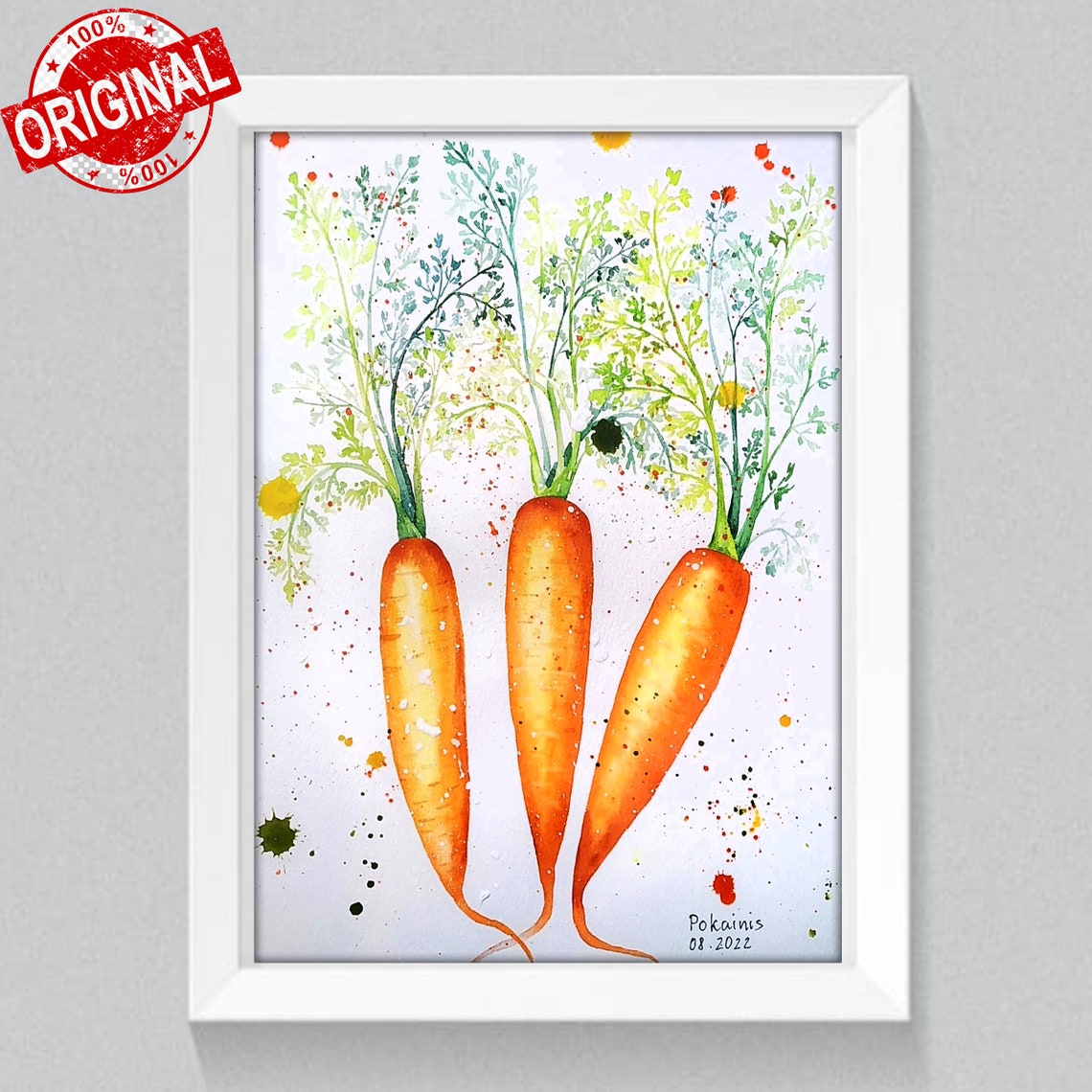 Three Fresh Carrots with Leafy Green Tops Watercolor Kitchen Poster - Image 2