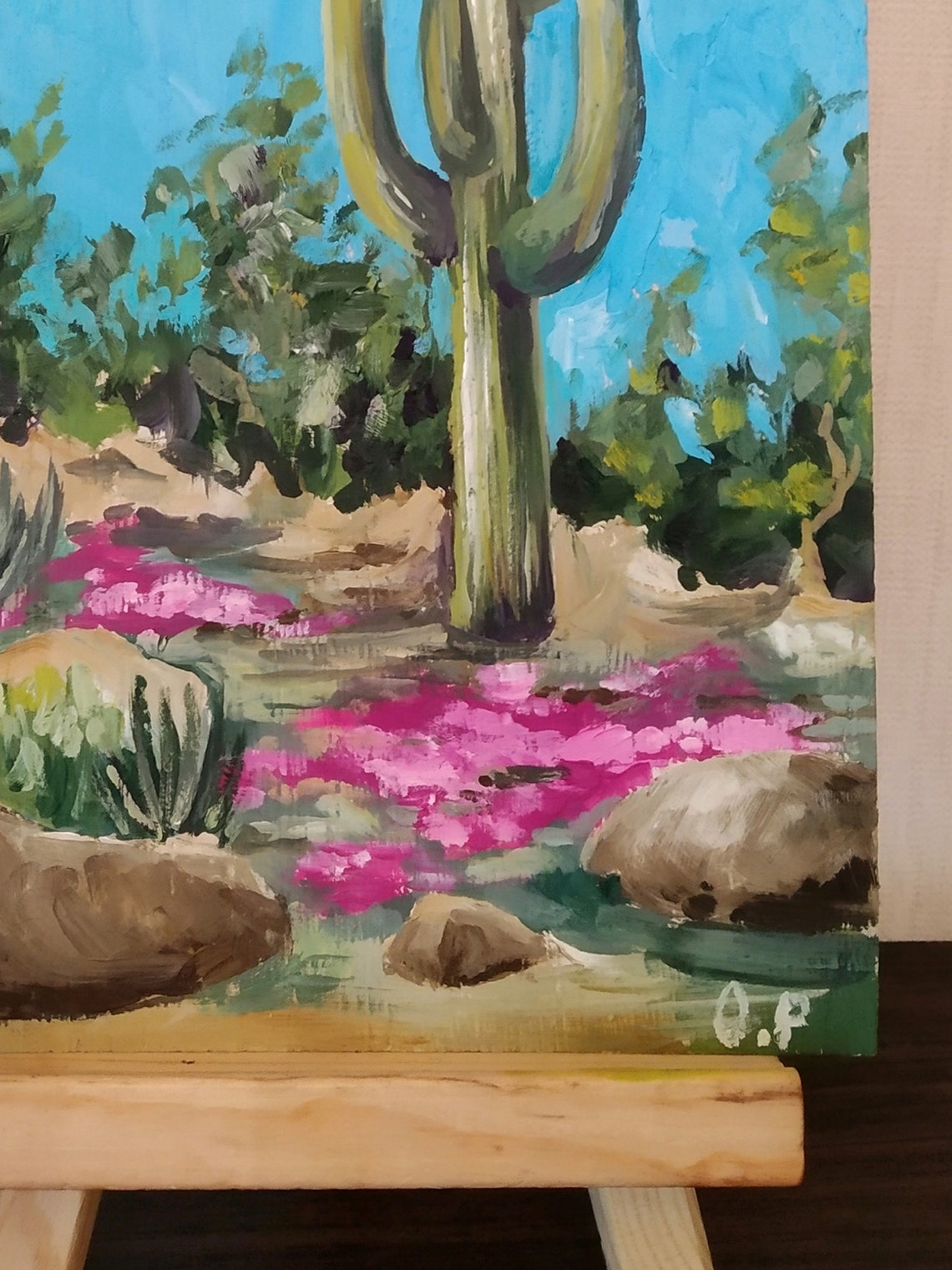 Saguaro Cactus in Blooming Desert Original Oil Landscape Poster - Image 2