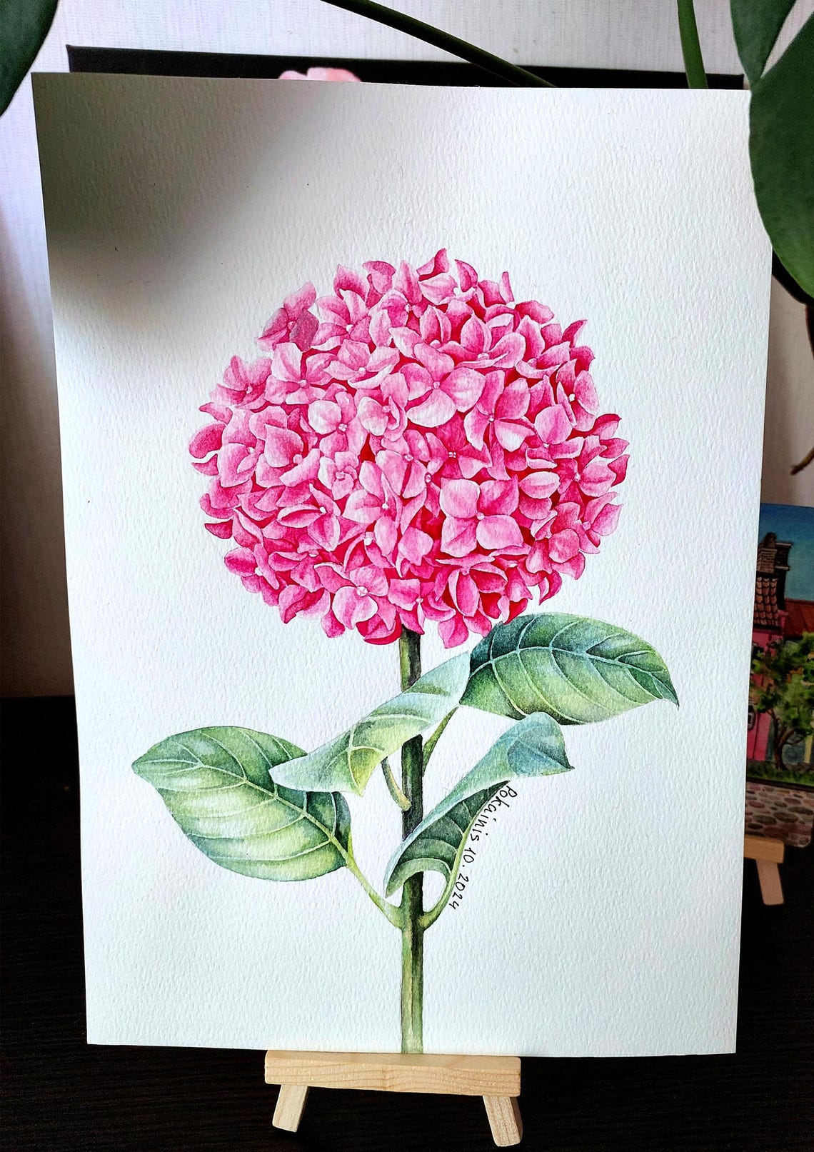 Pink Hydrangea Bloom with Green Leaves Botanical Watercolor Poster - Image 2