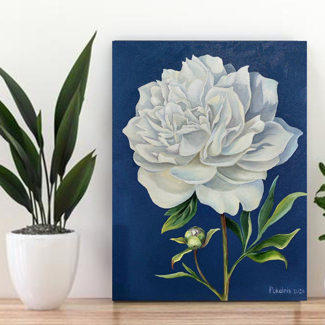White Peony Oil Painting Poster With Bud On Deep Navy Background - Image 2