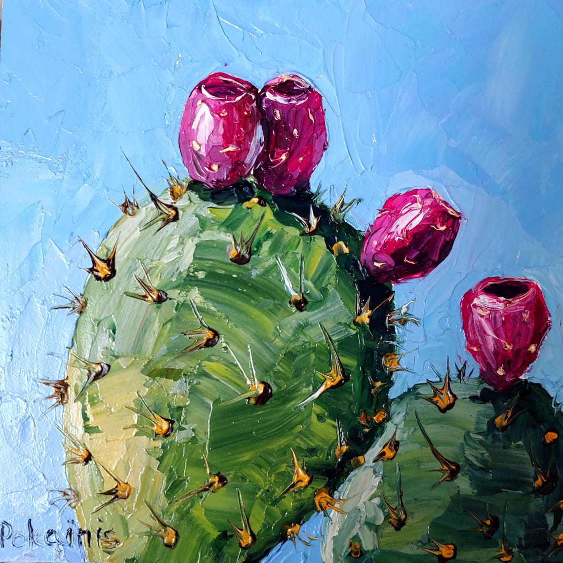 Prickly Pear Cactus with Magenta Fruit Under Blue Sky Oil Print