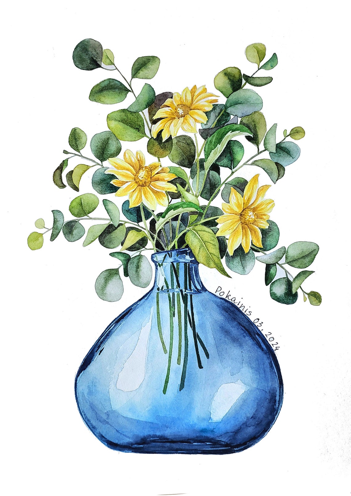 Yellow Daisies Eucalyptus Sprigs Blue Glass Vase Watercolor Poster