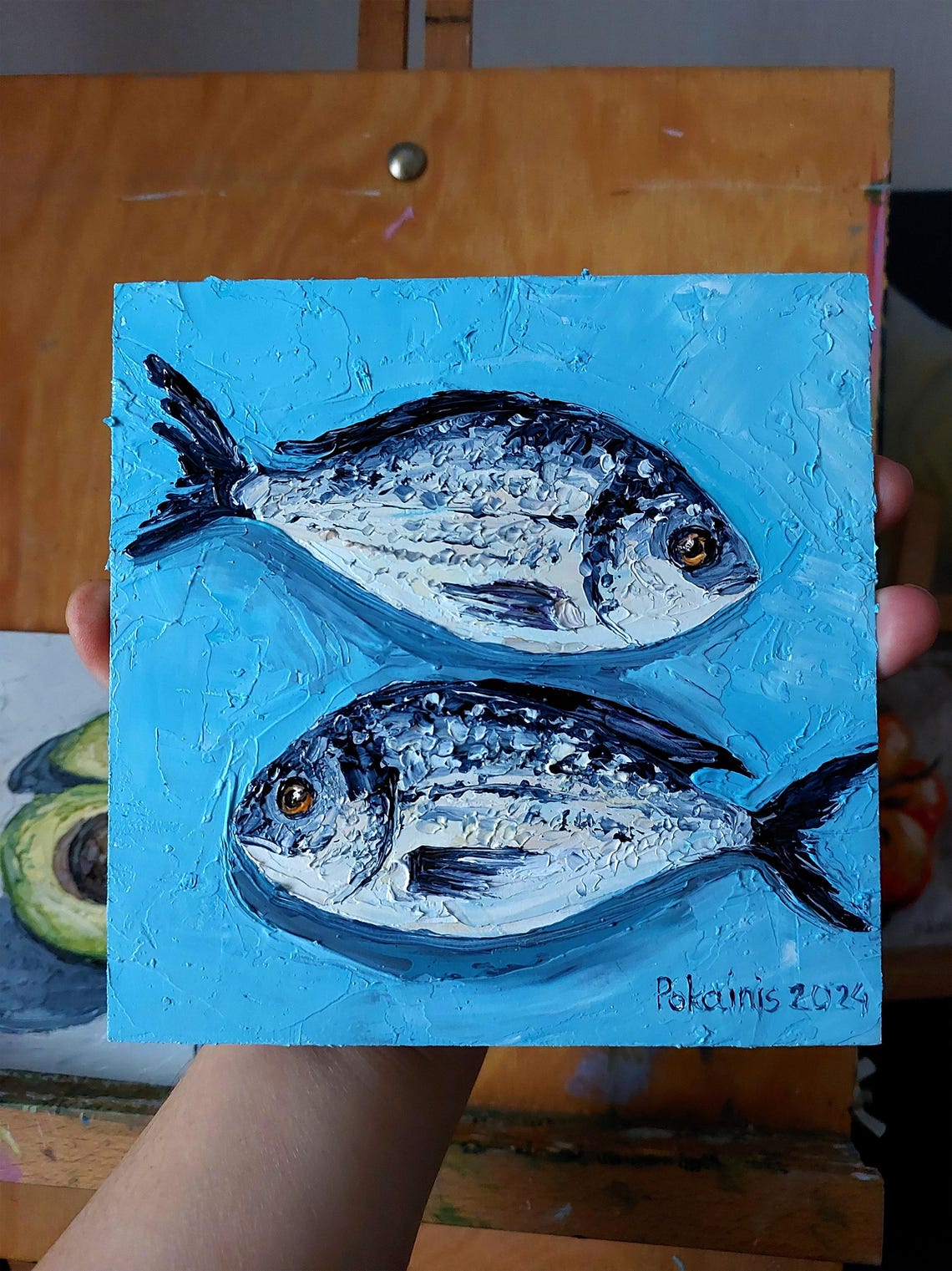 Fish Original Oil Painting Small Impasto Still Life Artwork Kitchen Fine Art Fish Wall Art Tiny Oil Painting Sardines Original Artwork - Image 2