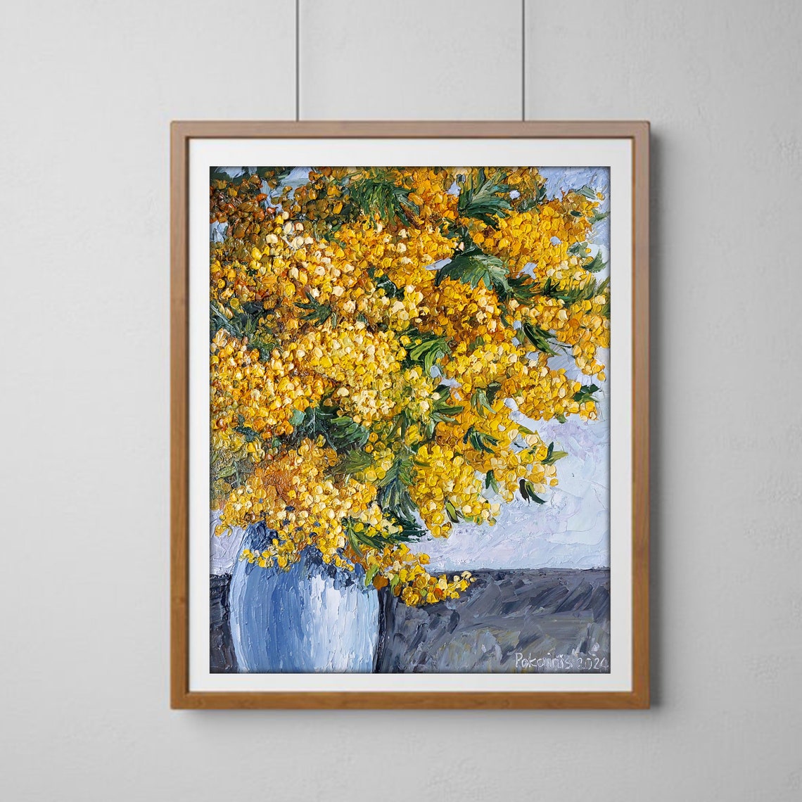 Mimosa Bouquet Cloud in White Vase Impasto Oil Floral Poster - Image 2