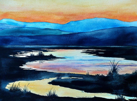 Original Watercolor Mountain Painting Sunset Wall Art Lake House Gift Custom Lake Art Blue Mountain Wall Art Handmade River Fine Art
