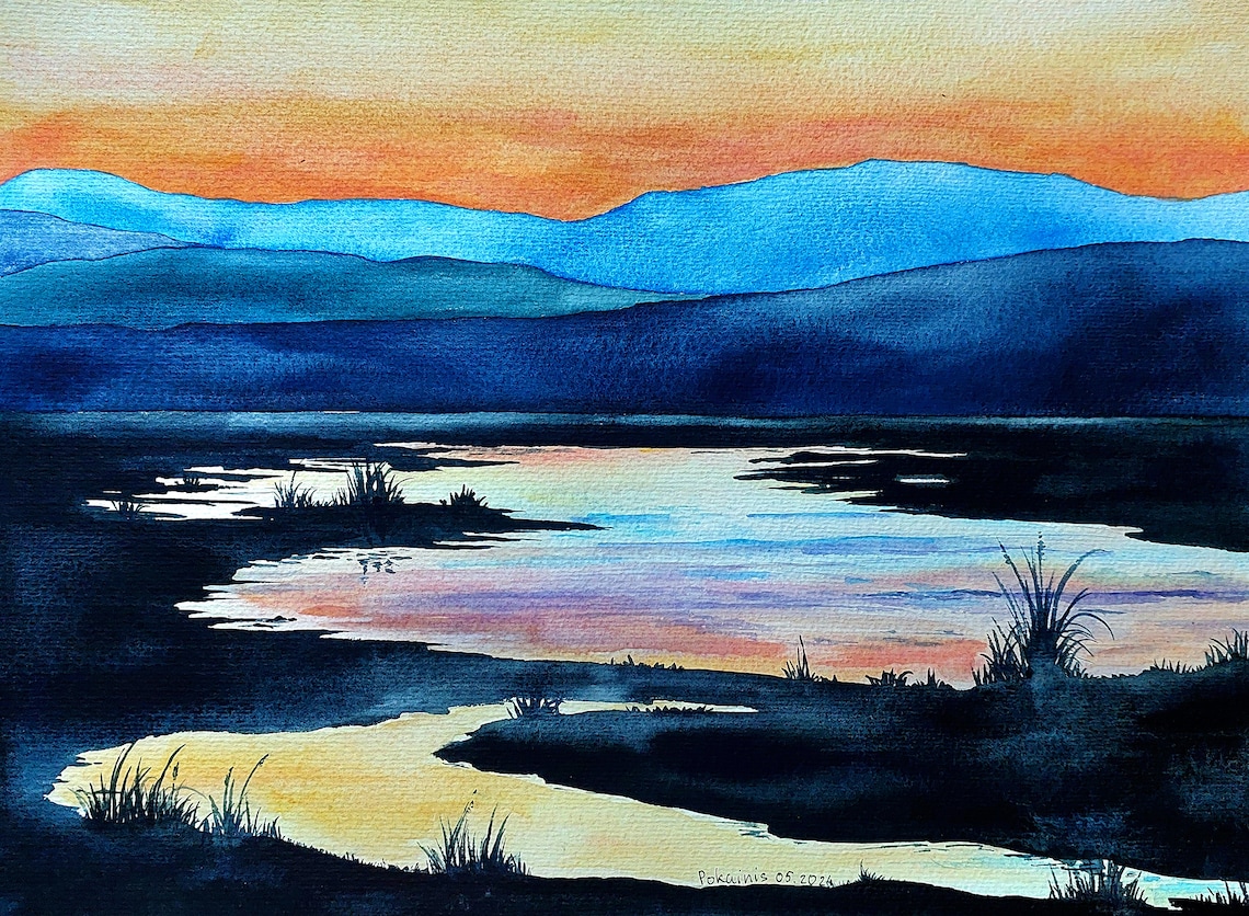 Orange Sunset over Layered Blue Mountain Lake Watercolor Poster