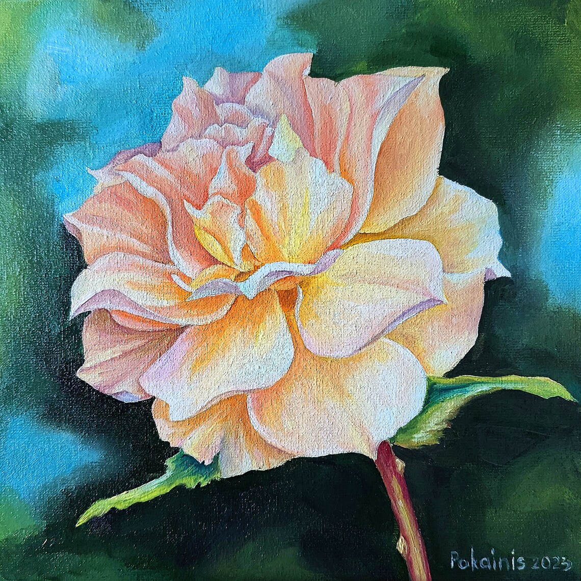 Apricot Rose Oil Painting Soft Blush Garden Flower Close Up Poster