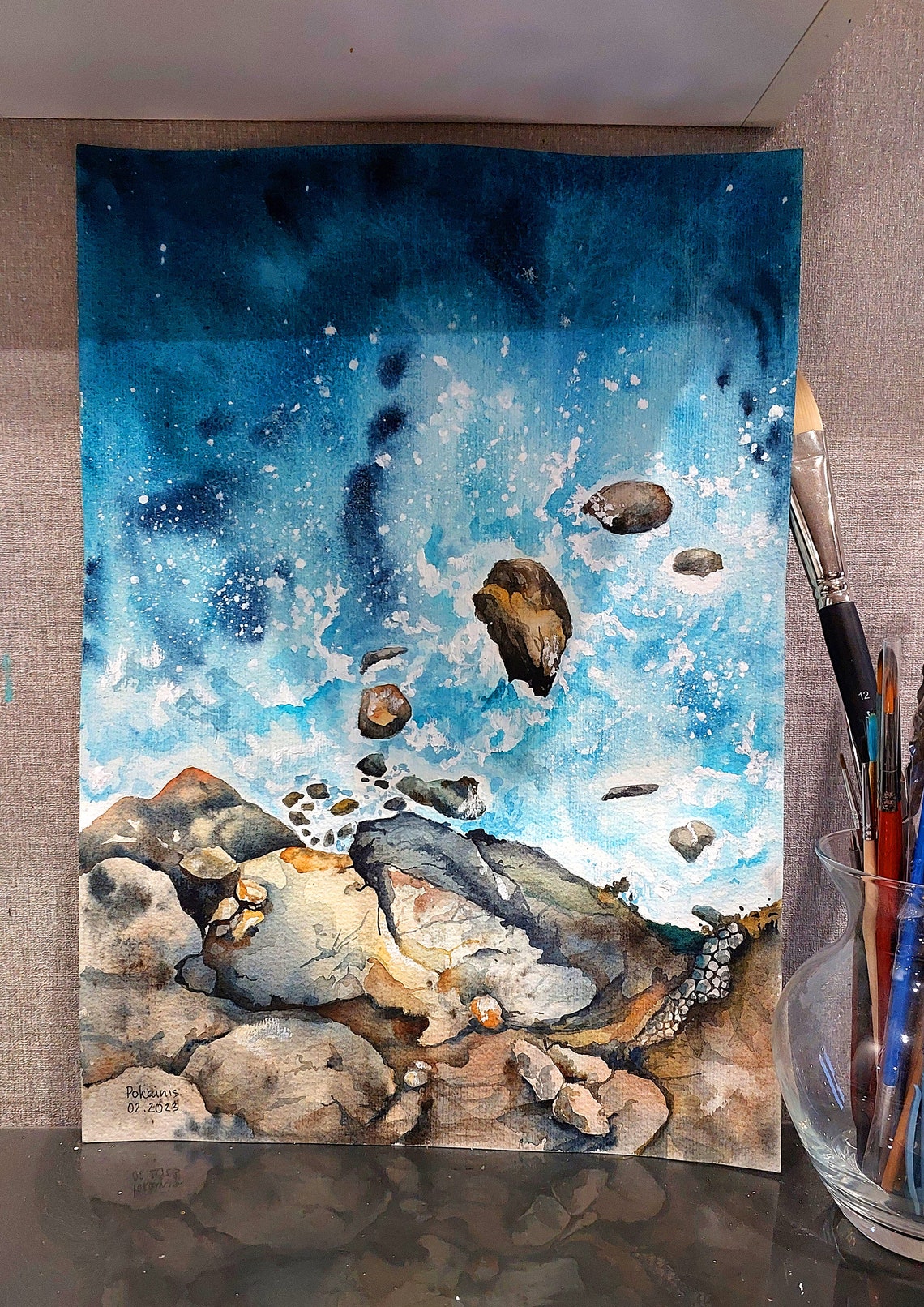 Turquoise Ocean Waves Crashing Over Rocky Shore Watercolor Poster - Image 3