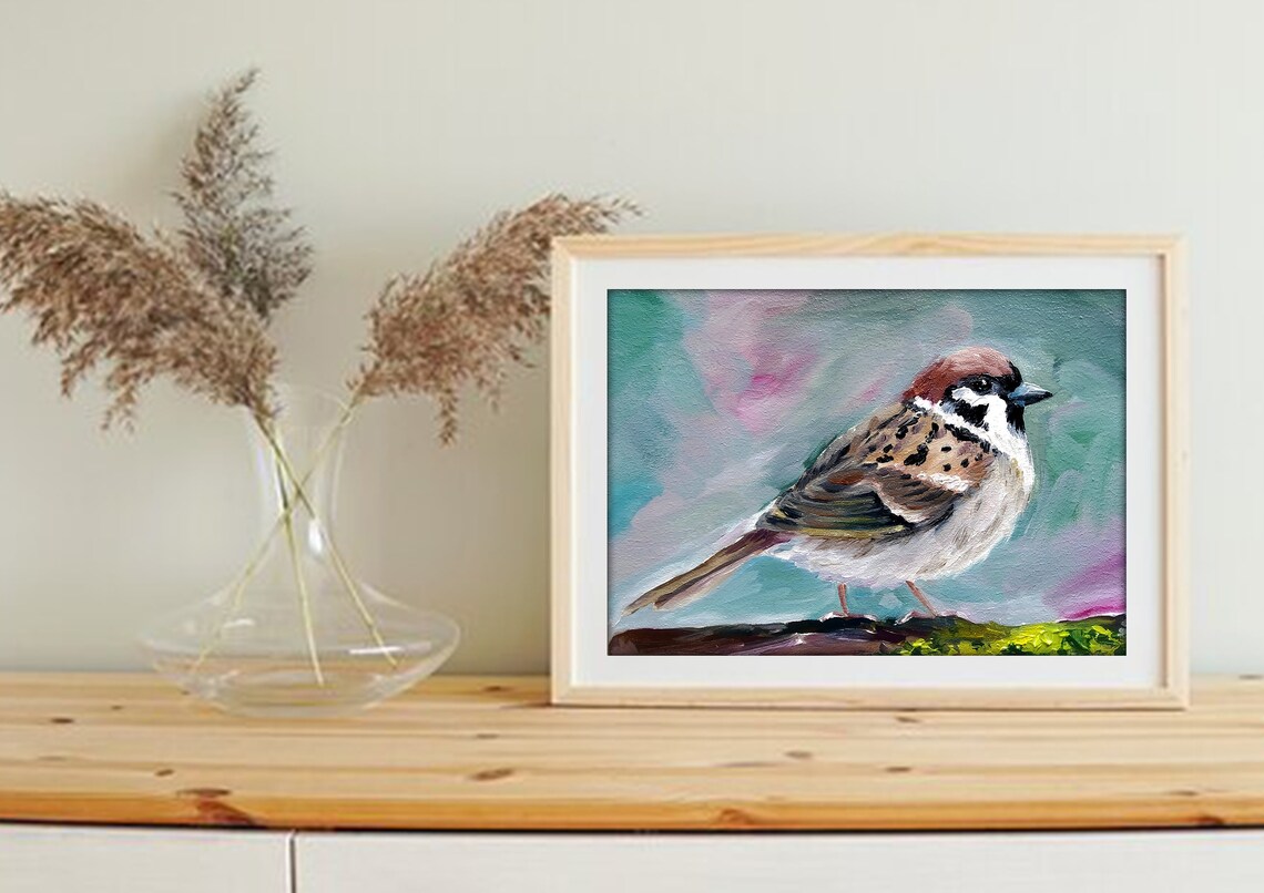 Eurasian Tree Sparrow Perched on Branch Original Oil Bird Poster - Image 4