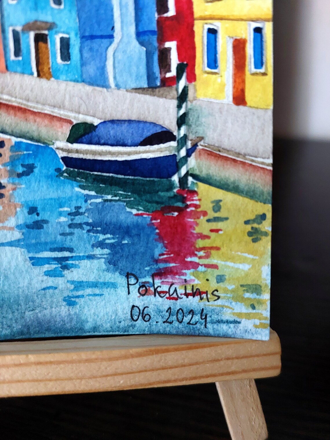 Colorful Burano Canal Houses with Boat Venice Watercolor Poster - Image 2