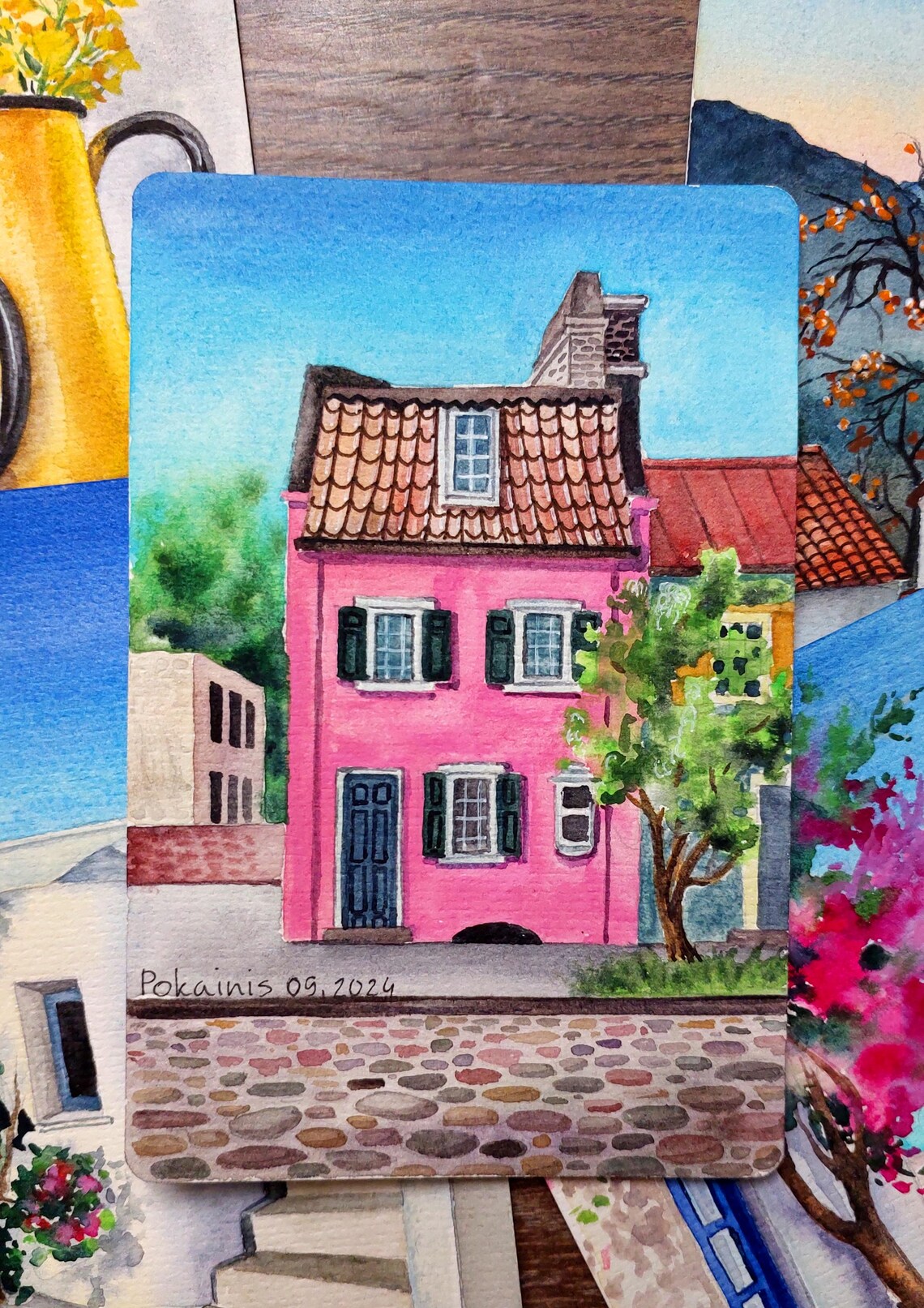 Pink House on Cobblestone Street Watercolor Miniature Poster - Image 2