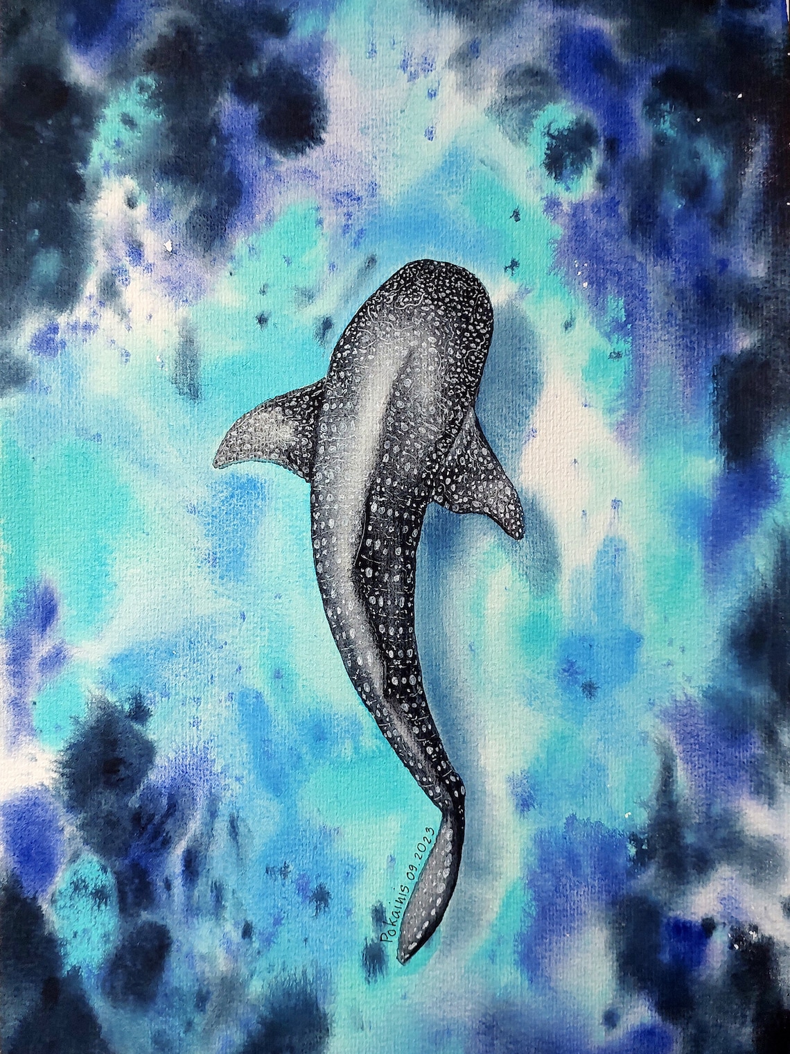 Whale Shark Watercolor Art Print, Dark Ocean Sea Animals