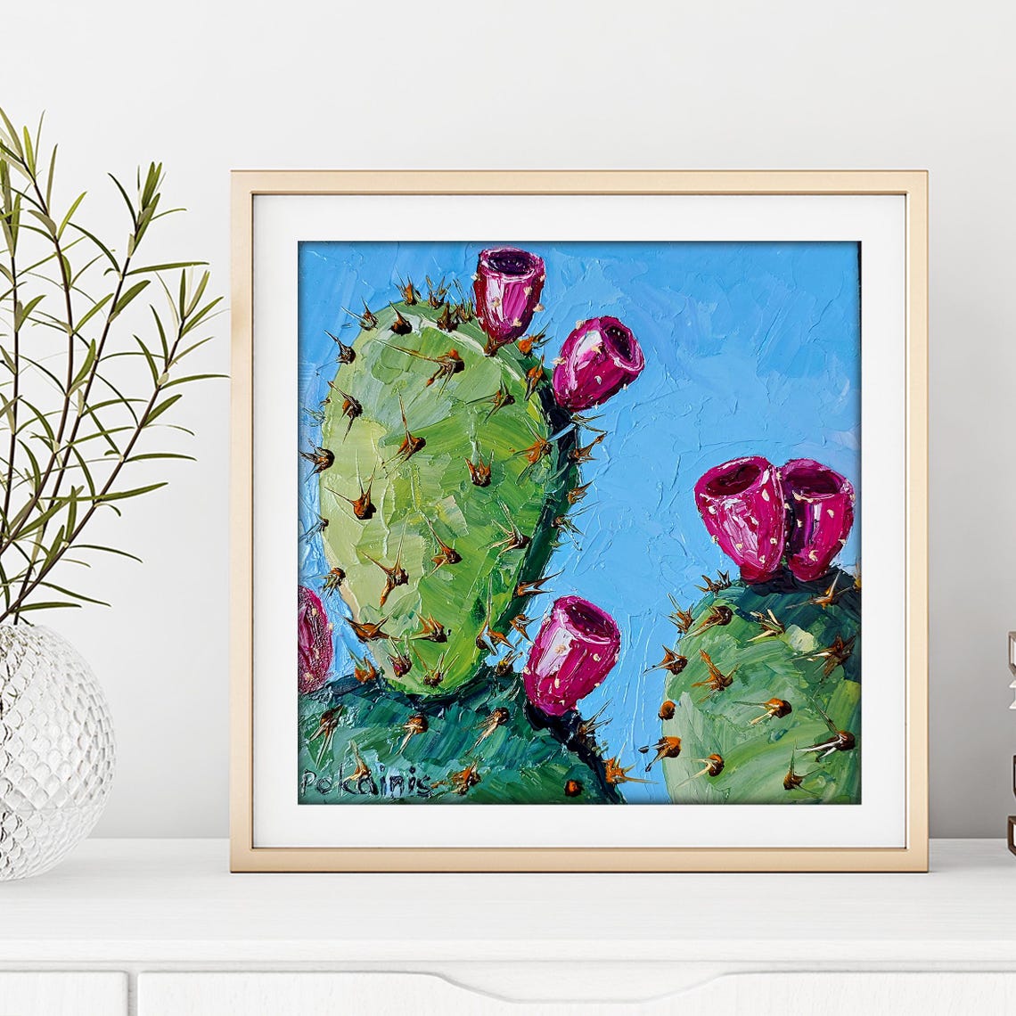 Prickly Pear Oil Painting Poster Magenta Fruit Buds Blue Sky - Image 4