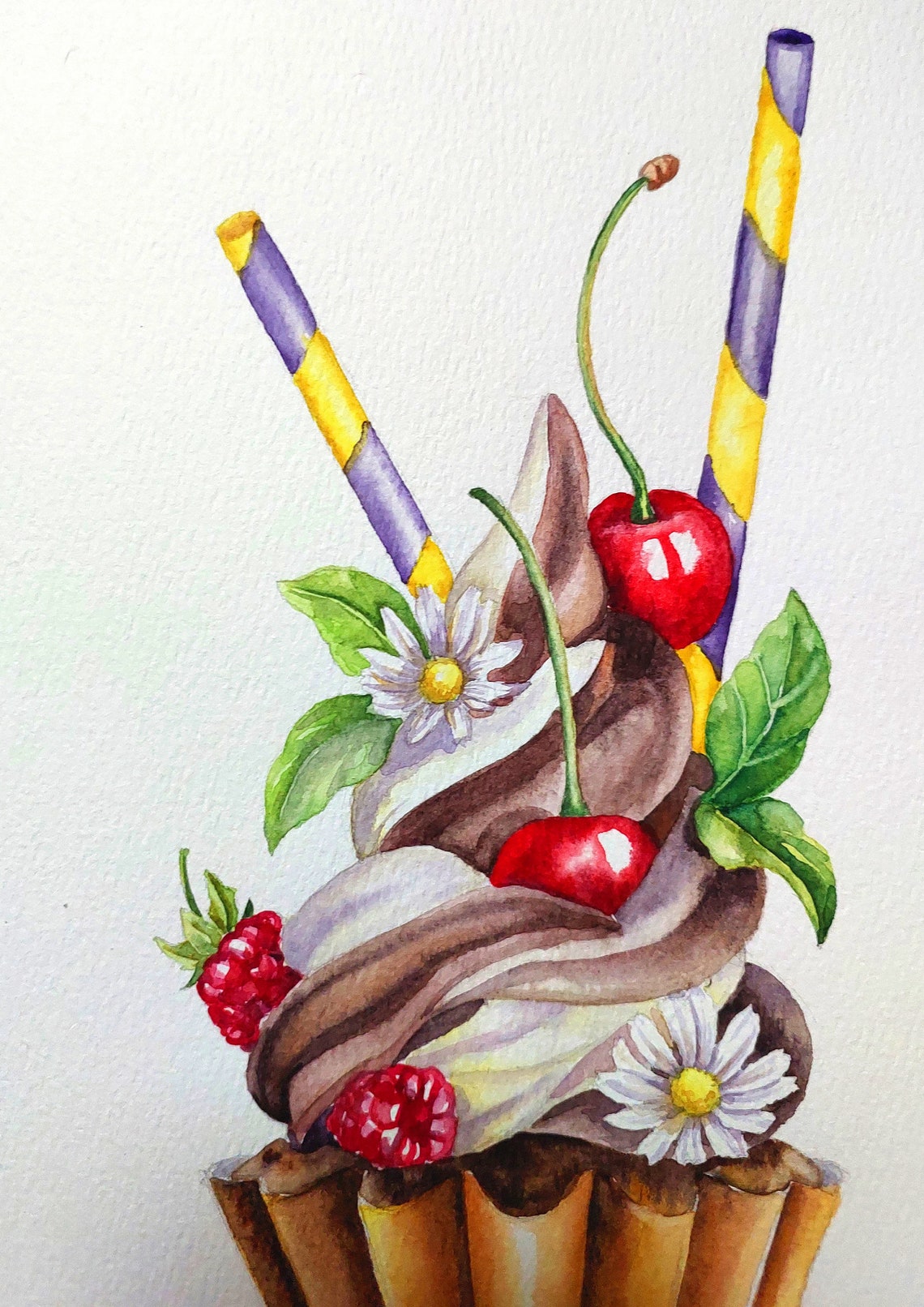 Dessert Original Watercolor Painting Cupcake Watercolor Artwork Baking Illustration Still Life Sweets Painting Kitchen Original Wall Art - Image 2