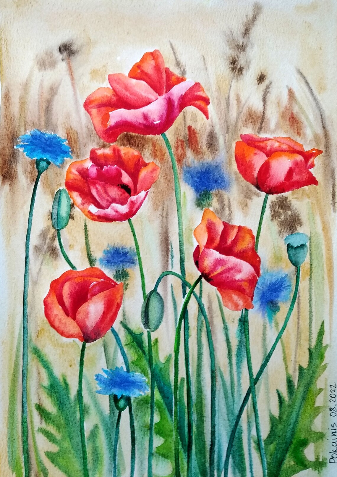 Red Poppies and Blue Cornflowers Watercolor Wildflower Meadow Poster