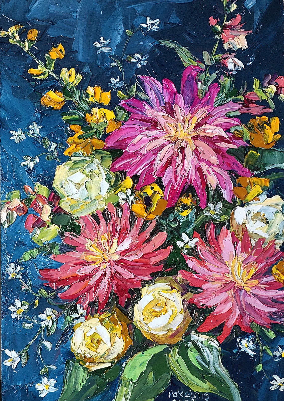Pink Dahlias Golden Blooms Midnight Blue Impasto Bouquet Poster - Image 2