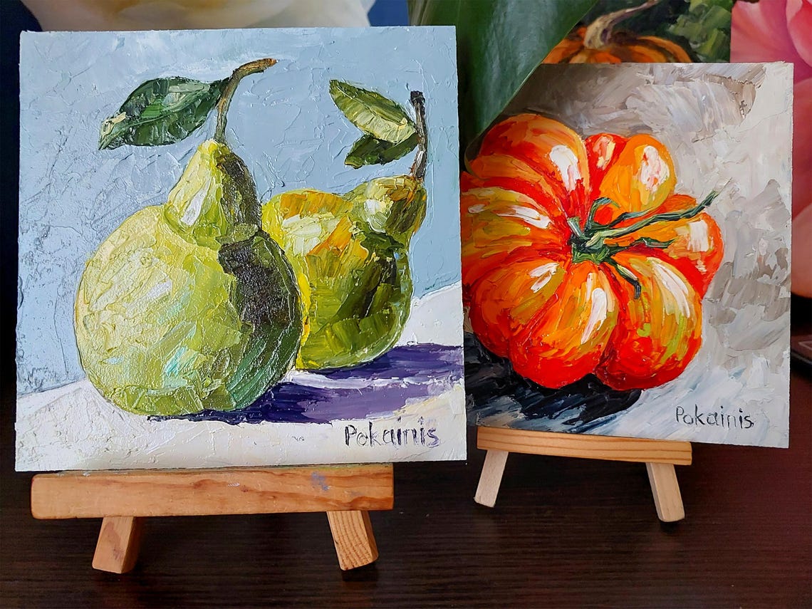 Two Fresh Pears Impasto Oil Still Life Miniature Painting Poster - Image 2