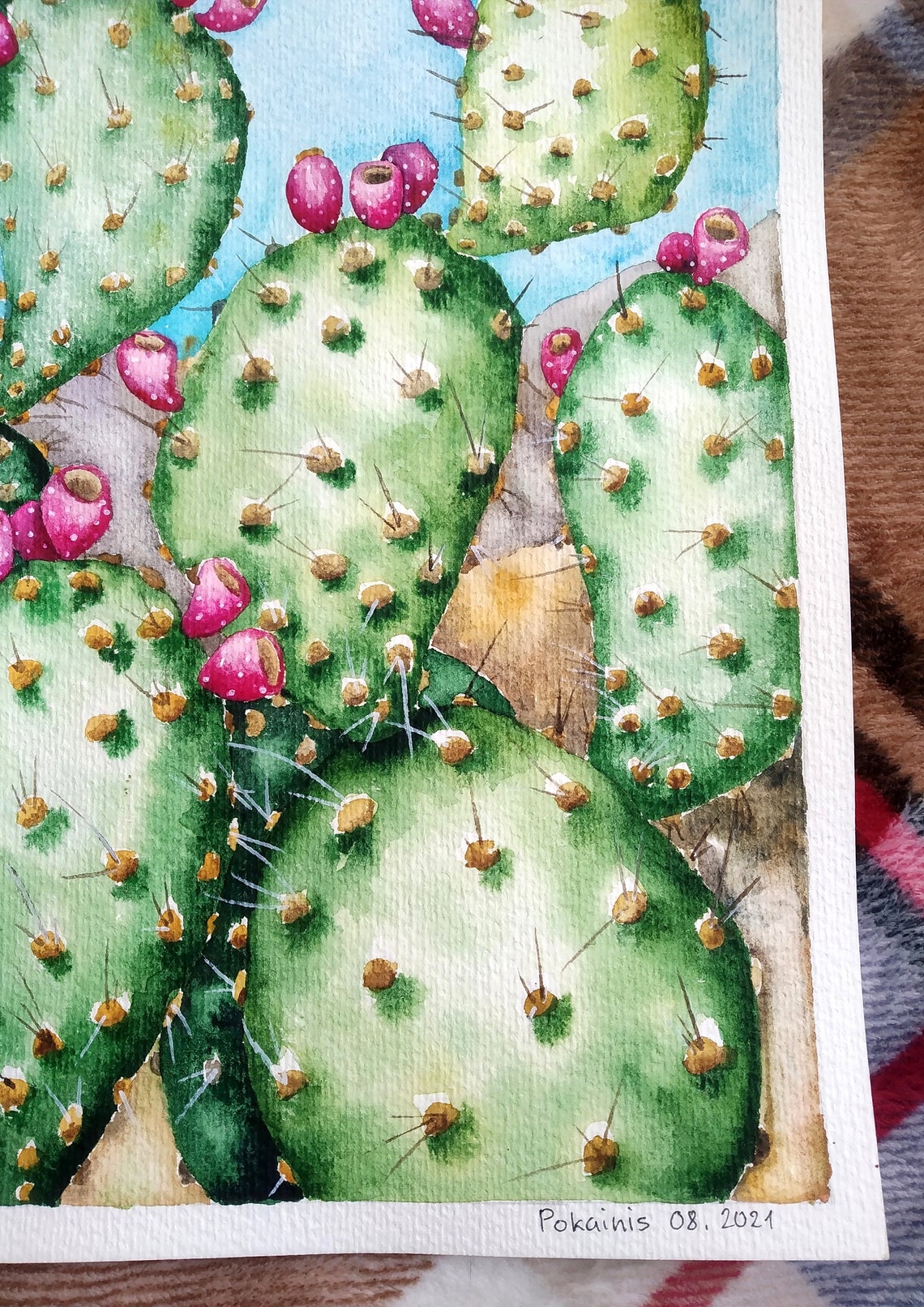 Prickly Pear Watercolor Poster With Pink Buds Desert Landscape - Image 2