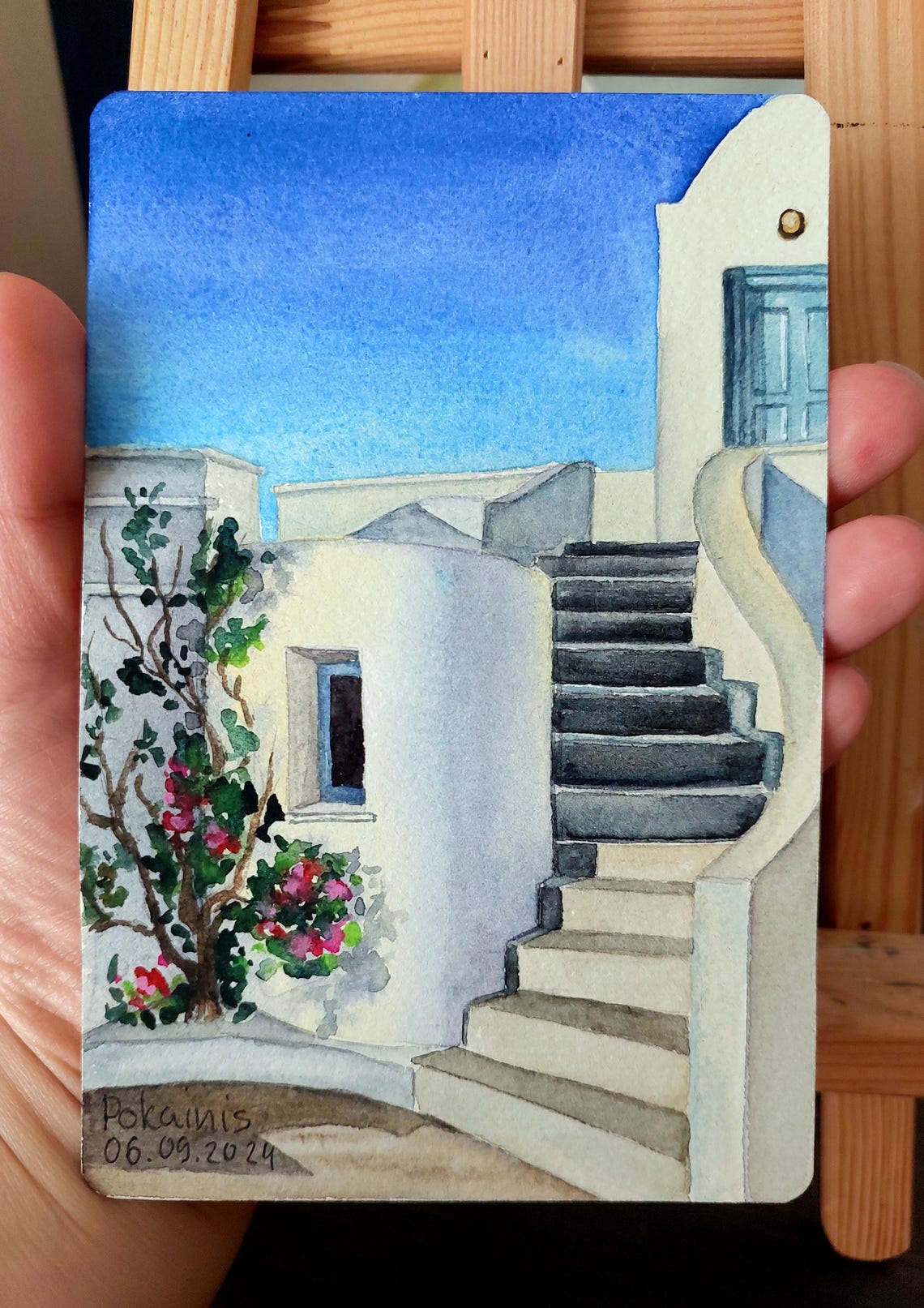 Santorini White Stairs with Bougainvillea ACEO Watercolor Poster