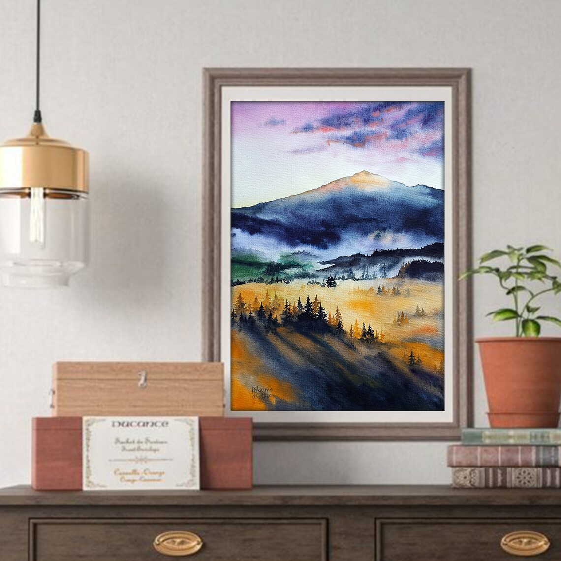Misty Forest Sunset Mountain Landscape Art Print - Image 3