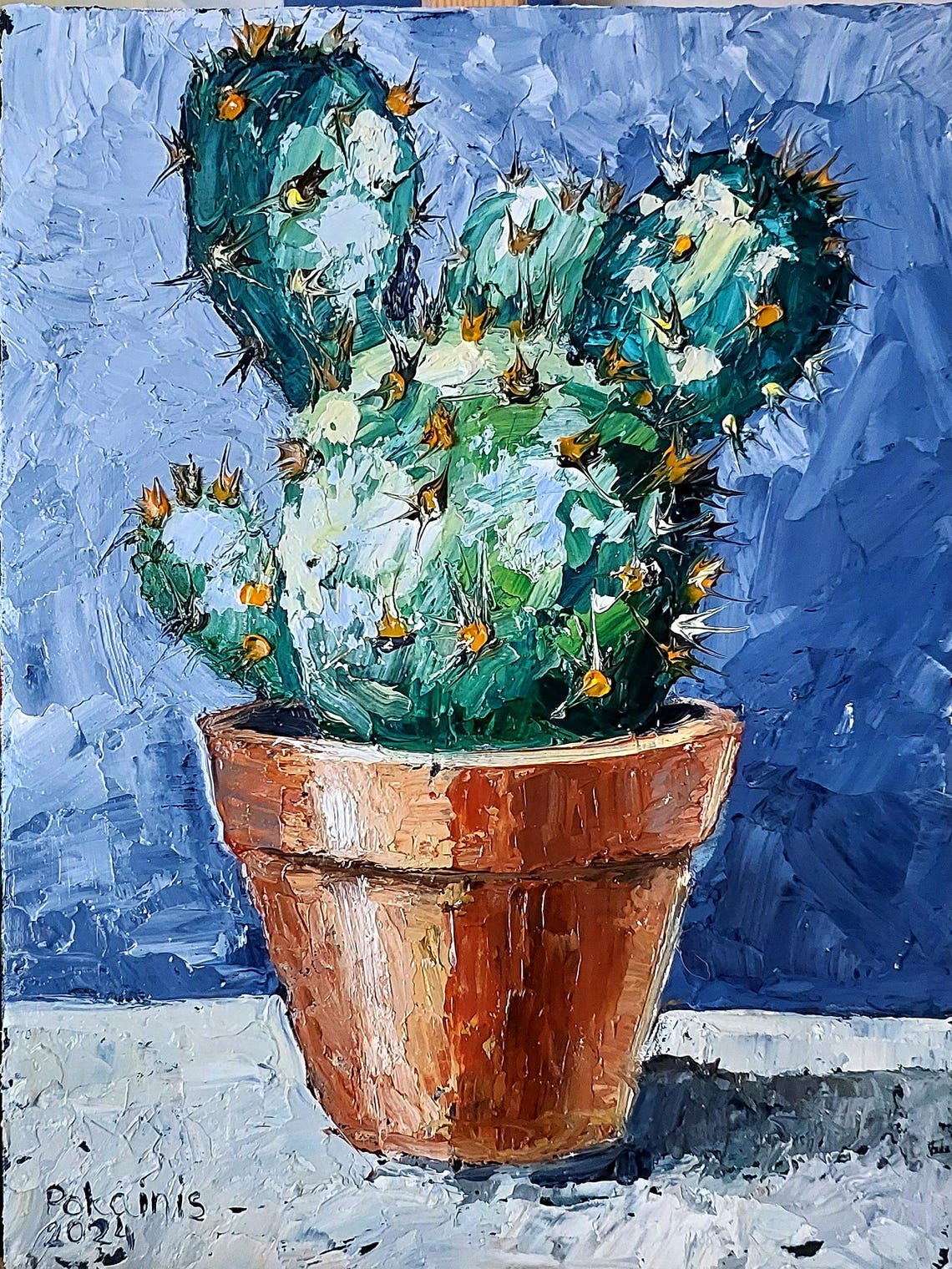 Prickly Pear Cactus in Terracotta Pot Impasto Oil Blue Poster