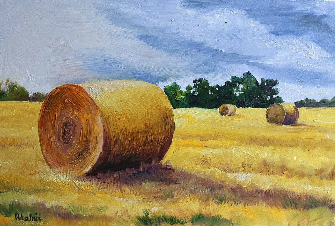 Hay Bales in Golden Wheat Field Oil Painting Farm Scene Poster