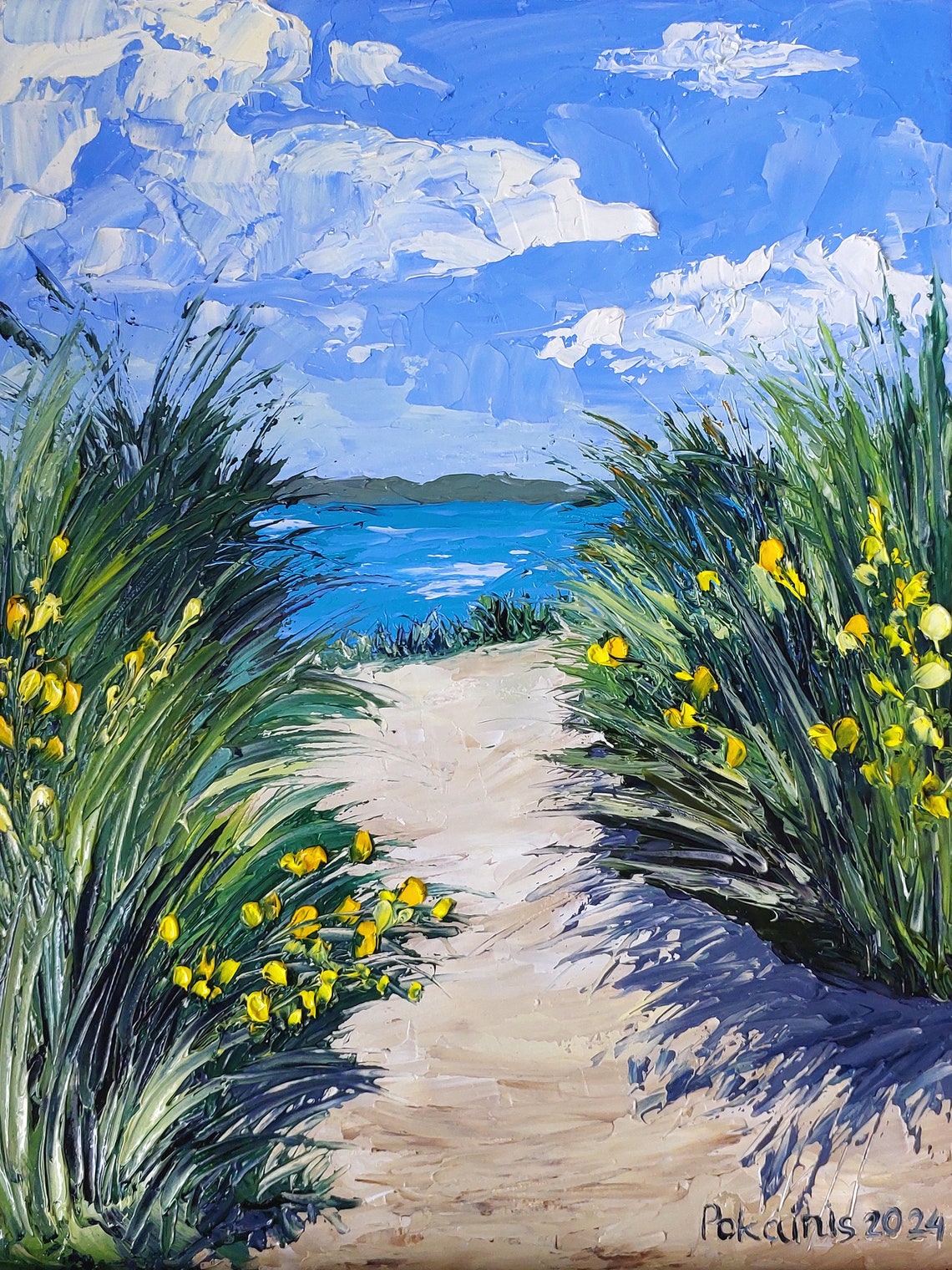 Sandy Beach Path Tall Dune Grass Yellow Flowers Impasto Poster