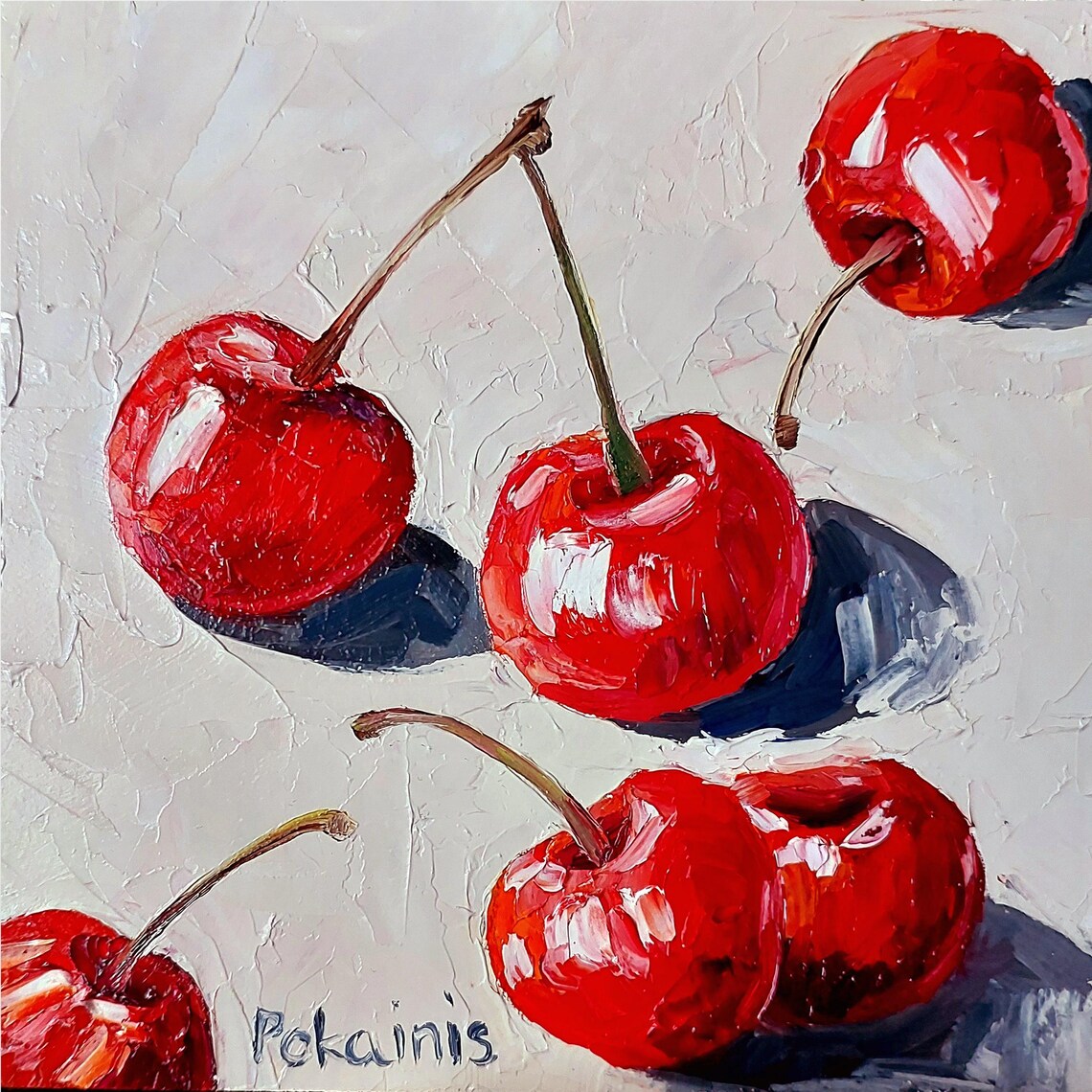 Scattered Red Cherries Impasto Oil Painting Poster Still Life