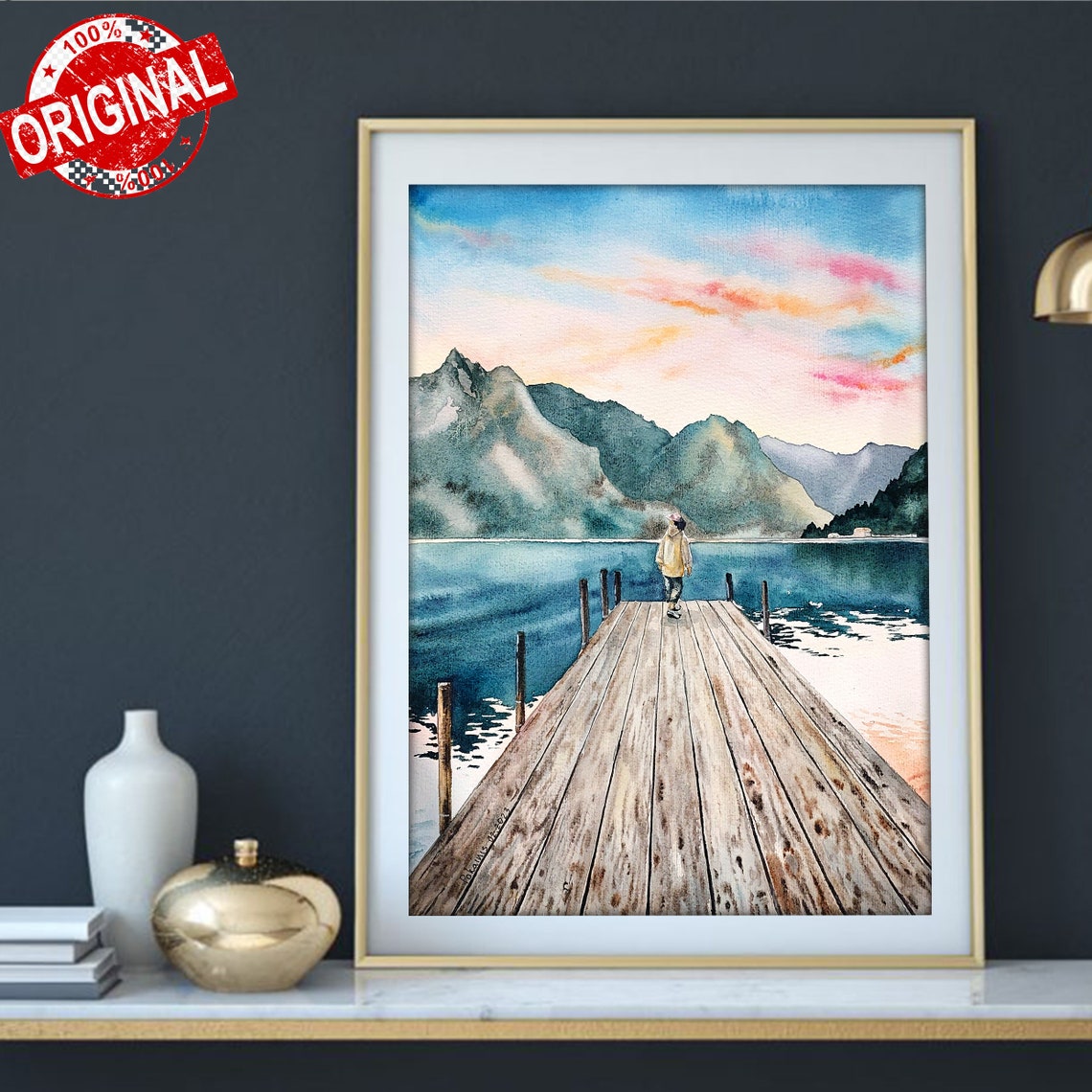 Person Walking Dock Toward Mountain Lake Sunset Watercolor Poster - Image 5