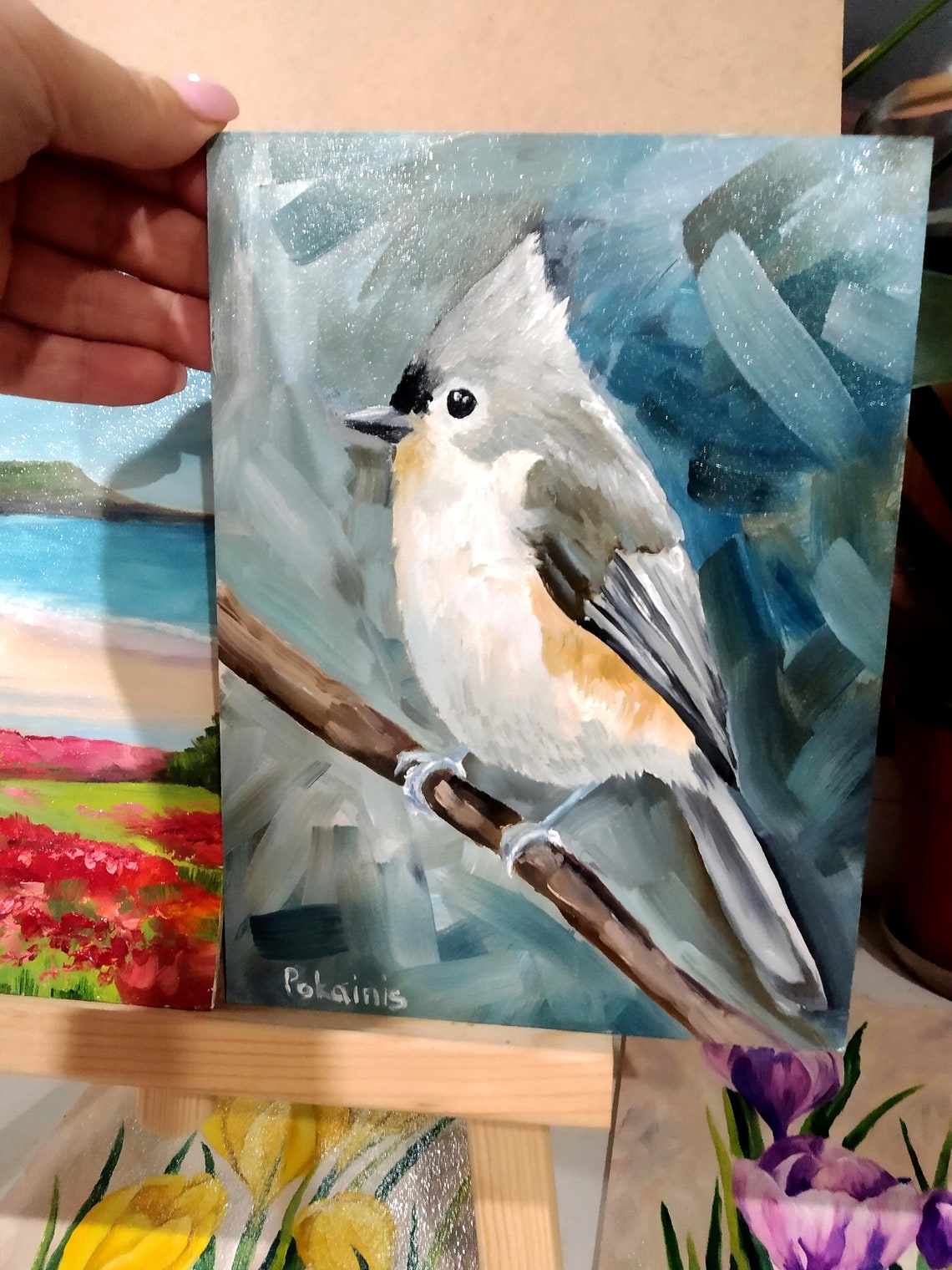 Tufted Titmouse on Snowy Branch Winter Oil Bird Portrait Poster - Image 3