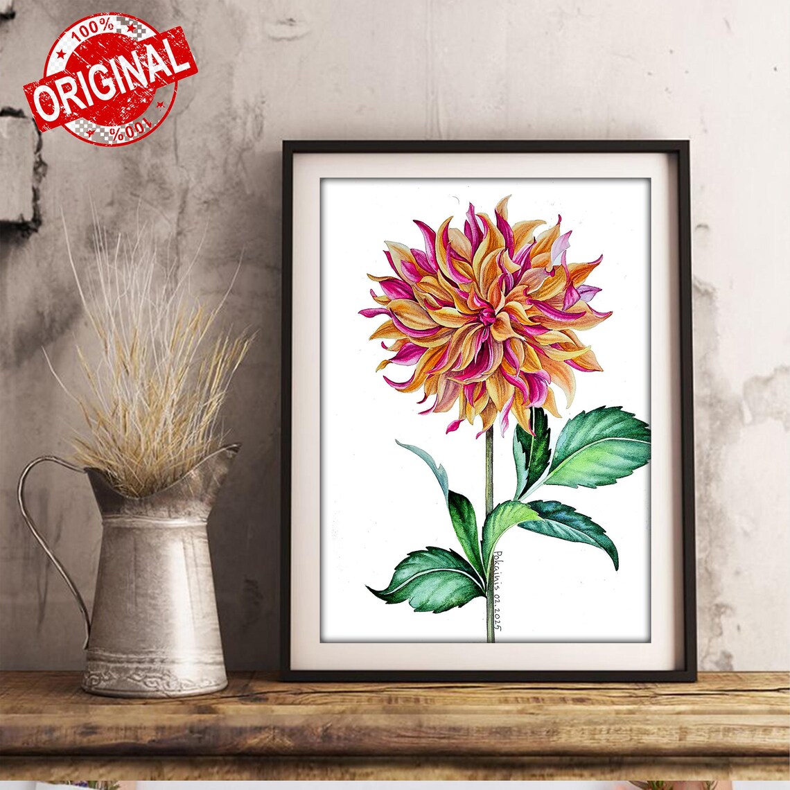 Single Dahlia Watercolor Amber Pink Floral Botanical Art Poster - Image 2