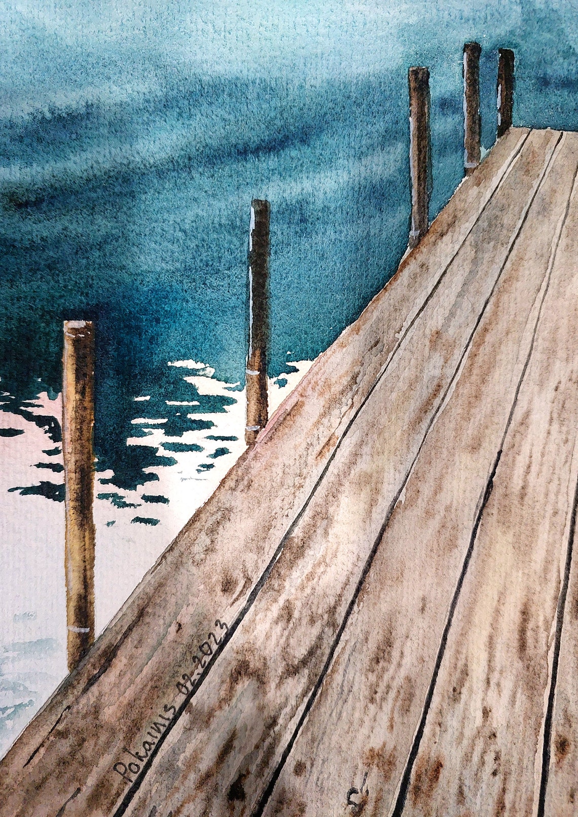 Person Walking Dock Toward Mountain Lake Sunset Watercolor Poster - Image 2