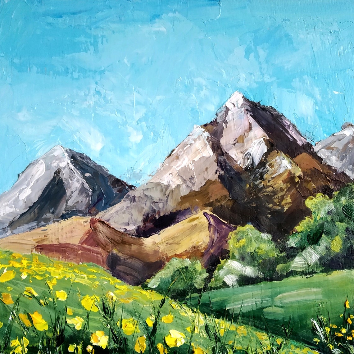 Alpine Mountain Meadow Yellow Wildflowers Turquoise Impasto Poster