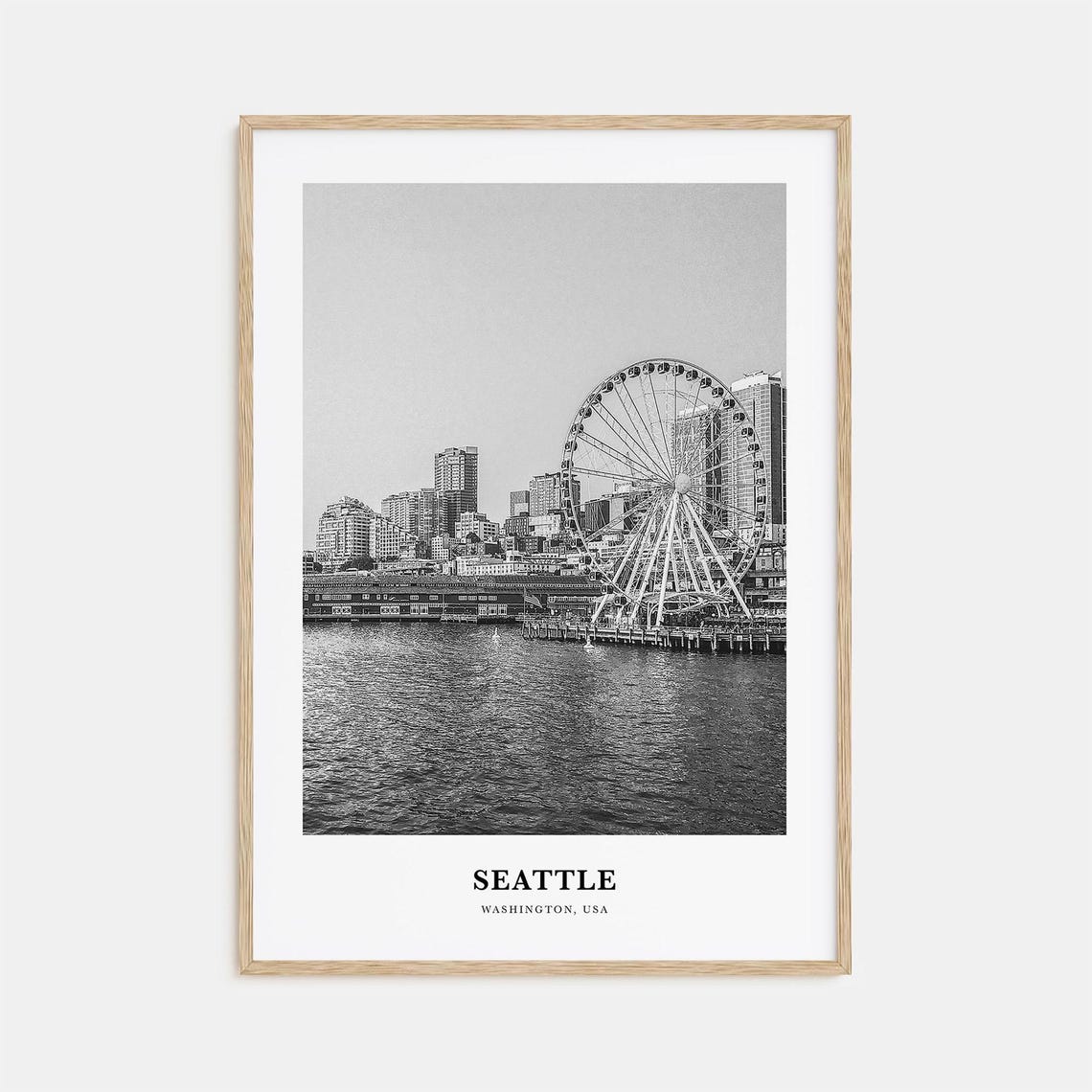Seattle Waterfront Ferris Wheel Black and White Travel Poster