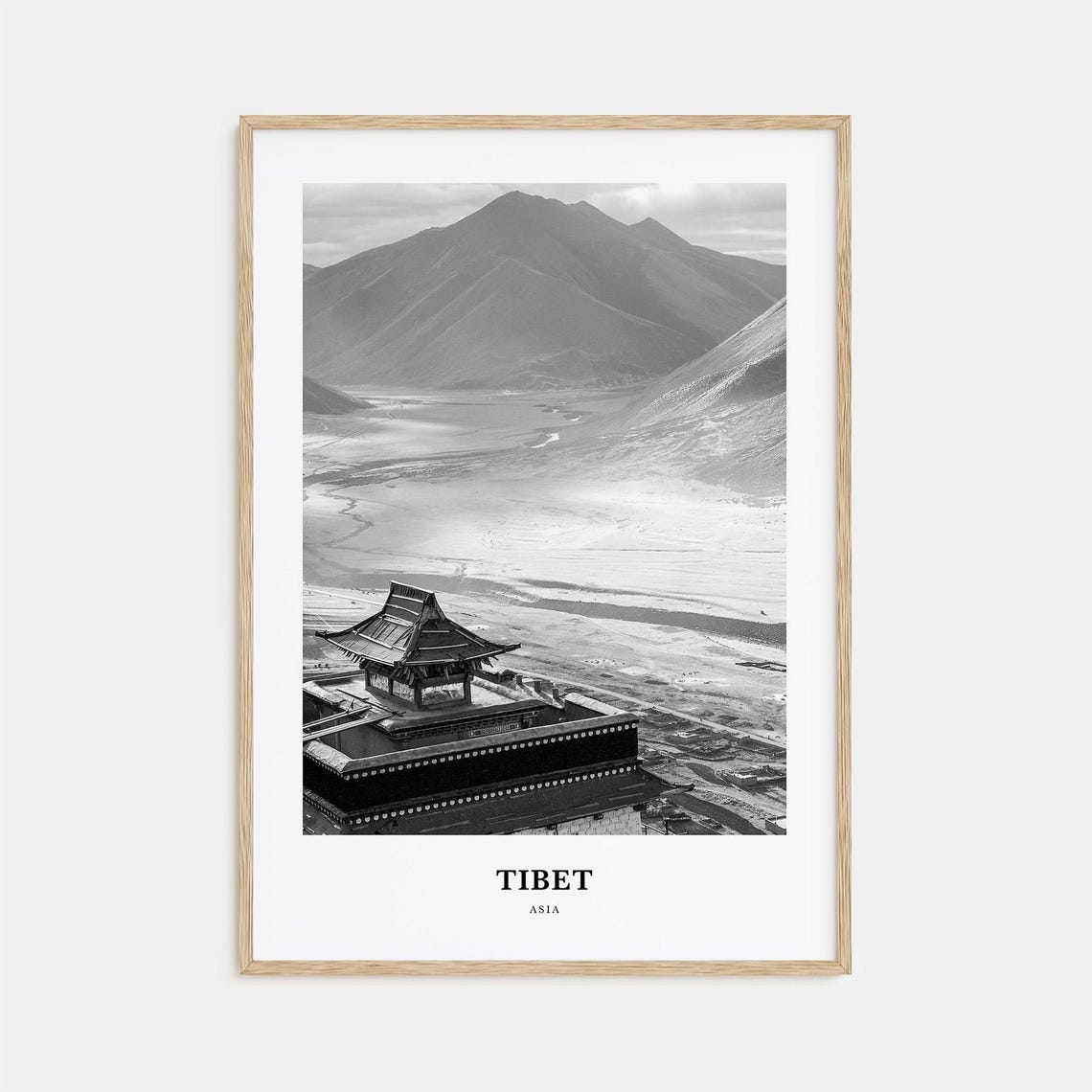 Tibet Monastery Mountain Valley Black and White Travel Poster