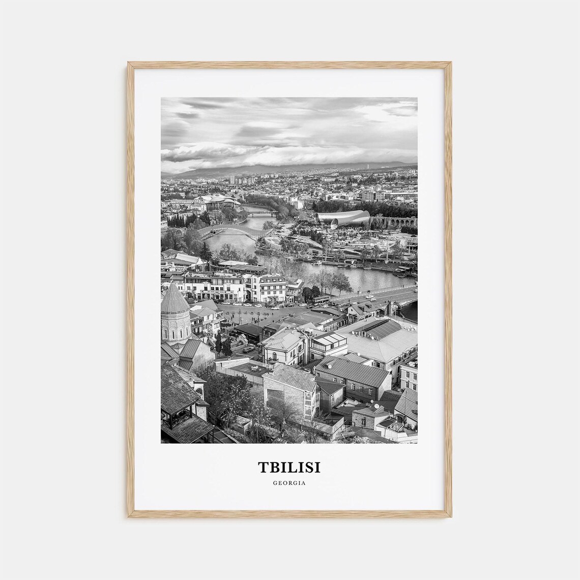 Tbilisi Georgia Old Town River Aerial Black And White Photo Poster