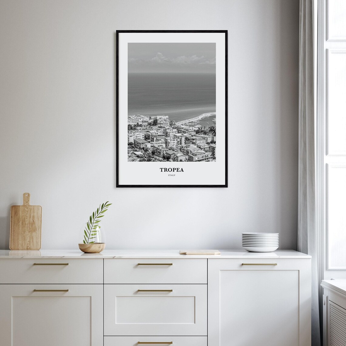 Tropea Italy Coastal Town Overlooking Sea Black and White Poster - Image 2