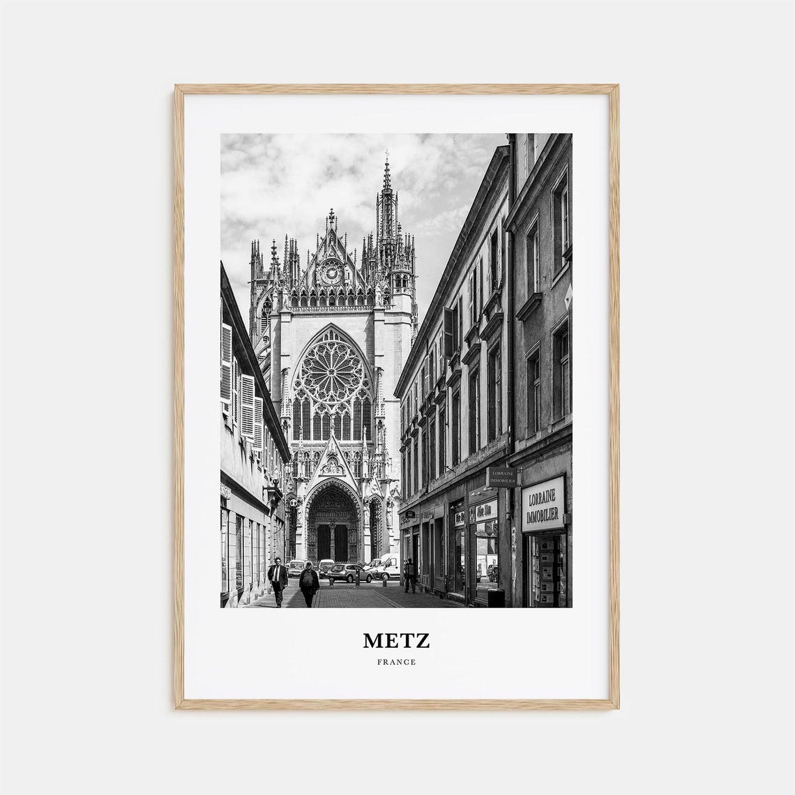 Metz France Gothic Cathedral Old Town Street View Black White Poster