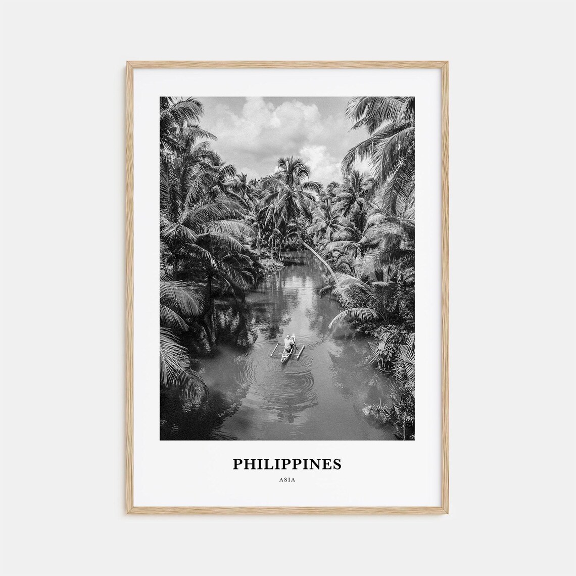Philippines Tropical River Canoe Black and White Travel Poster