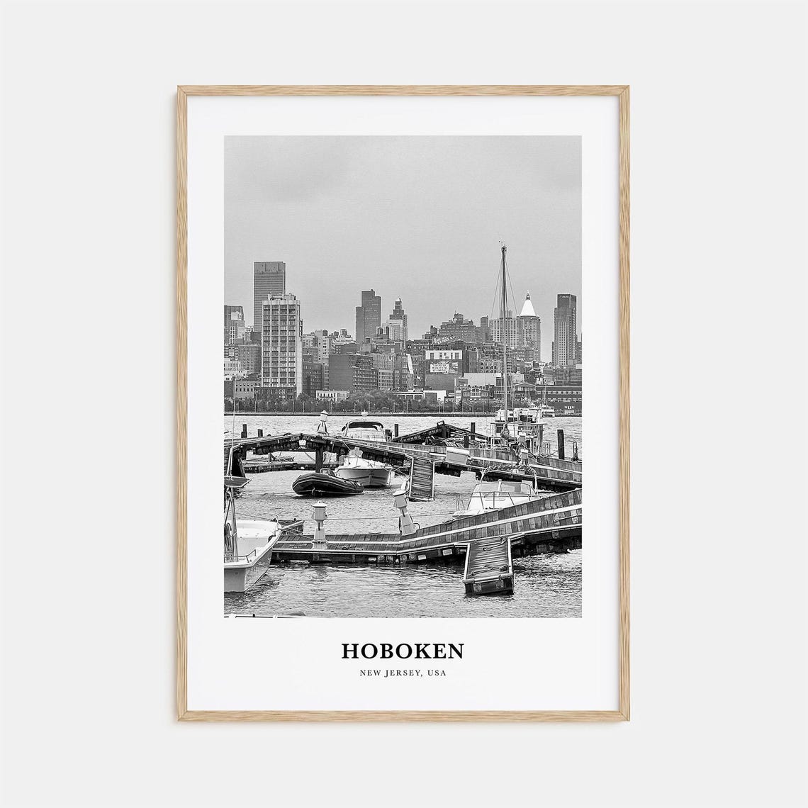 Hoboken New Jersey Marina Skyline Hudson Black and White Poster