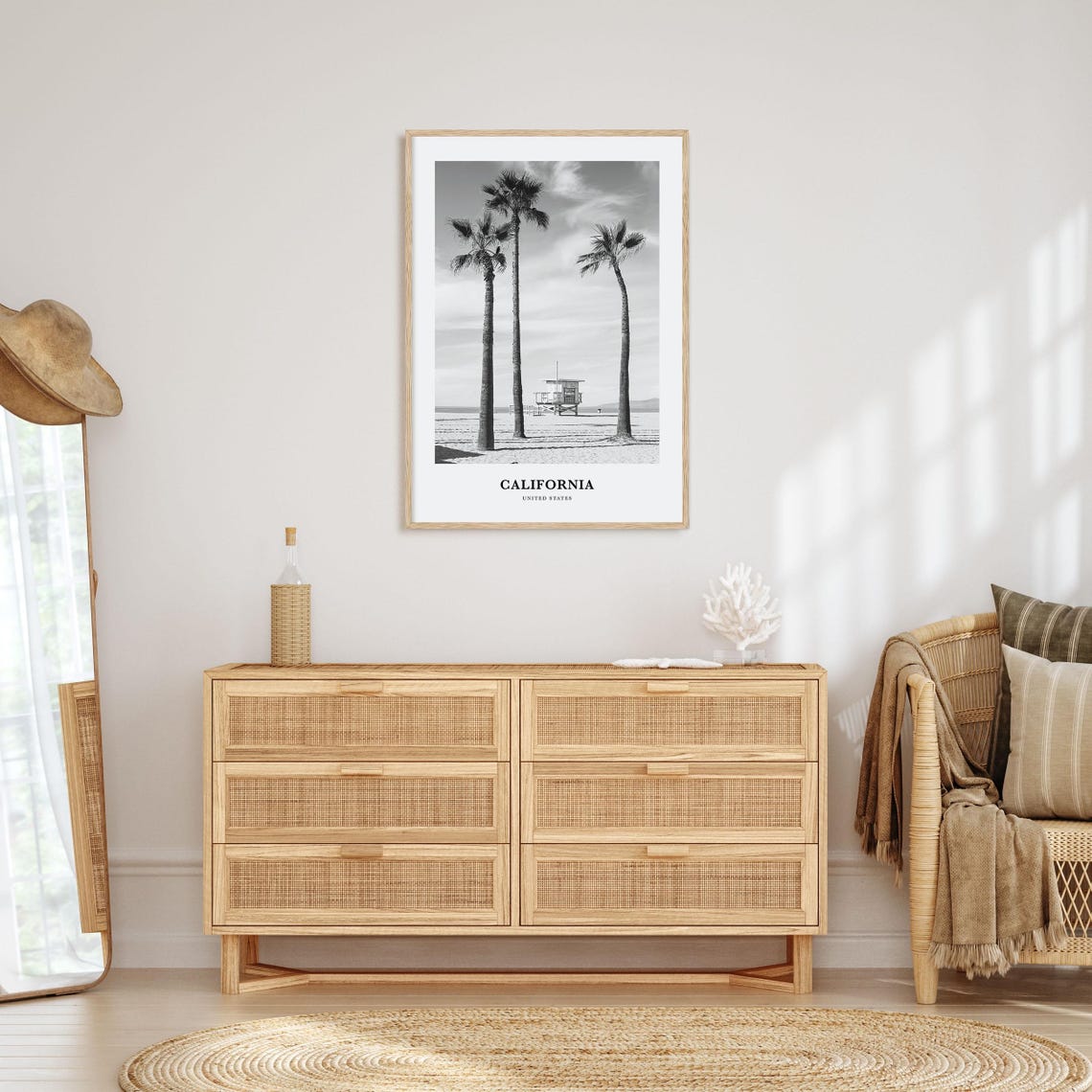 California Beach Palm Trees Lifeguard Tower Monochrome Poster - Image 3