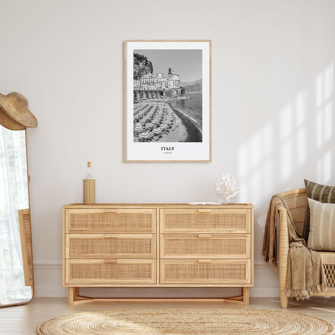 Italy Beach Umbrellas Cliffside Coast Black and White Poster - Image 3