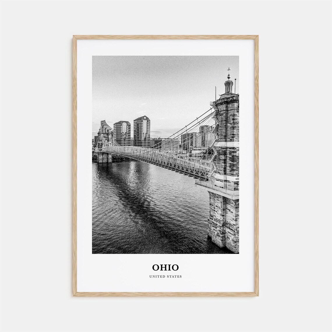 Ohio Suspension Bridge over River with Cincinnati Skyline Photo Poster